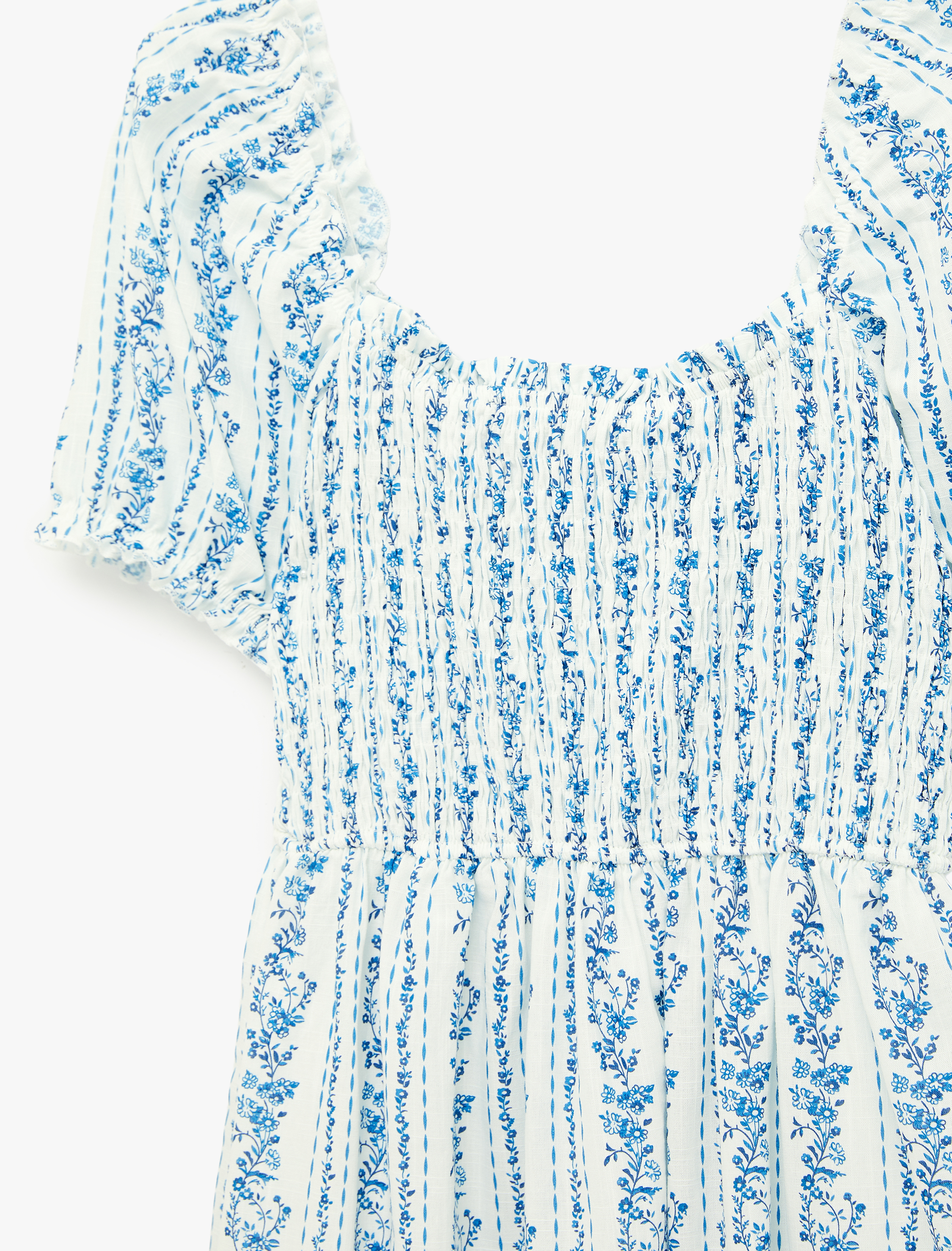   Pamuklu Kısa Balon Kollu U Yaka Gipeli Çiçekli Maxi Elbise