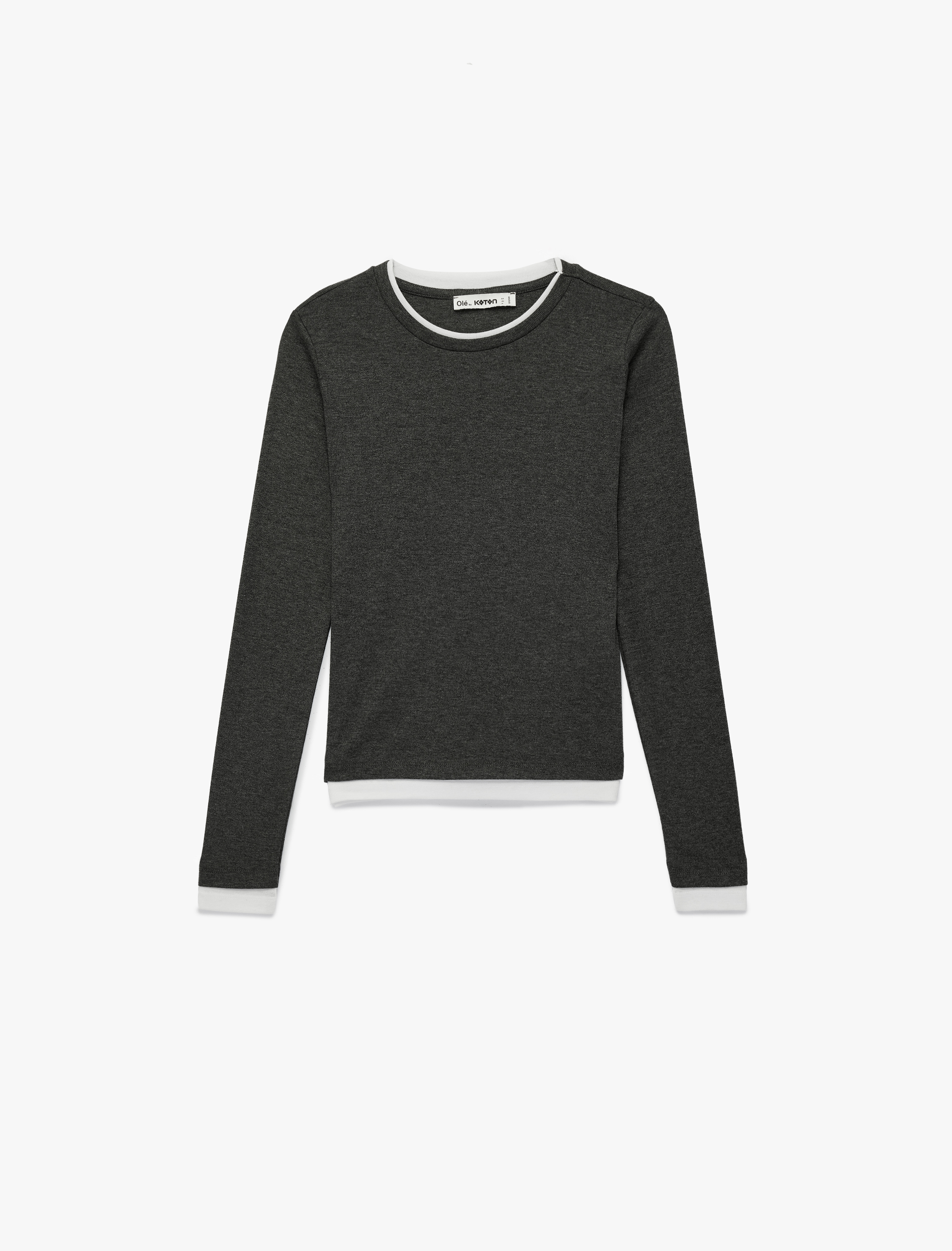   Viskon Karışımlı Slim Fit Biyeli Bisiklet Yaka Uzun Kollu Tişört