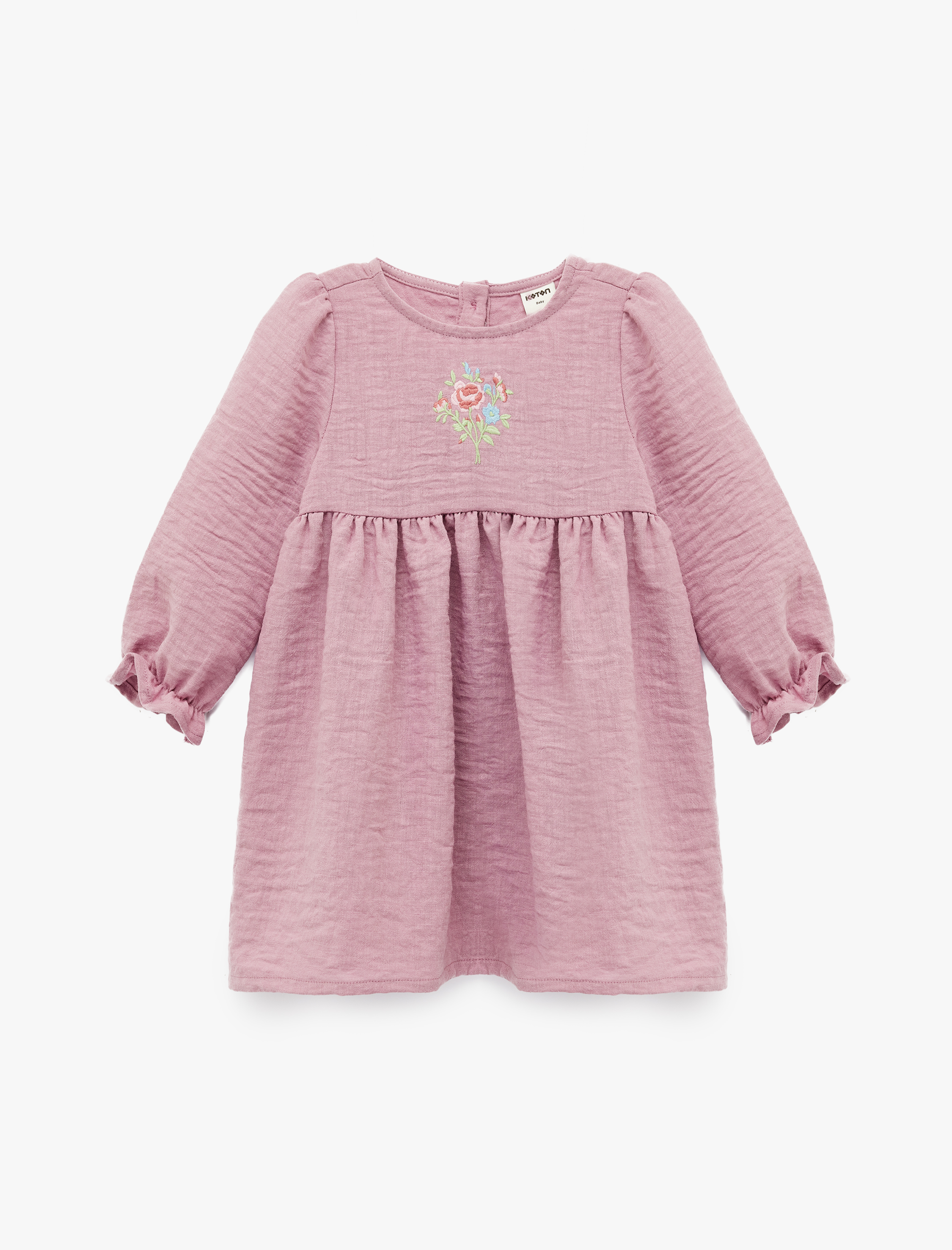  Kız Bebek Bisiklet Yaka Büzgü Detaylı Çiçek İşlemeli Uzun Kollu Elbise