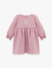 Bisiklet Yaka Büzgü Detaylı Çiçek İşlemeli Uzun Kollu Elbise