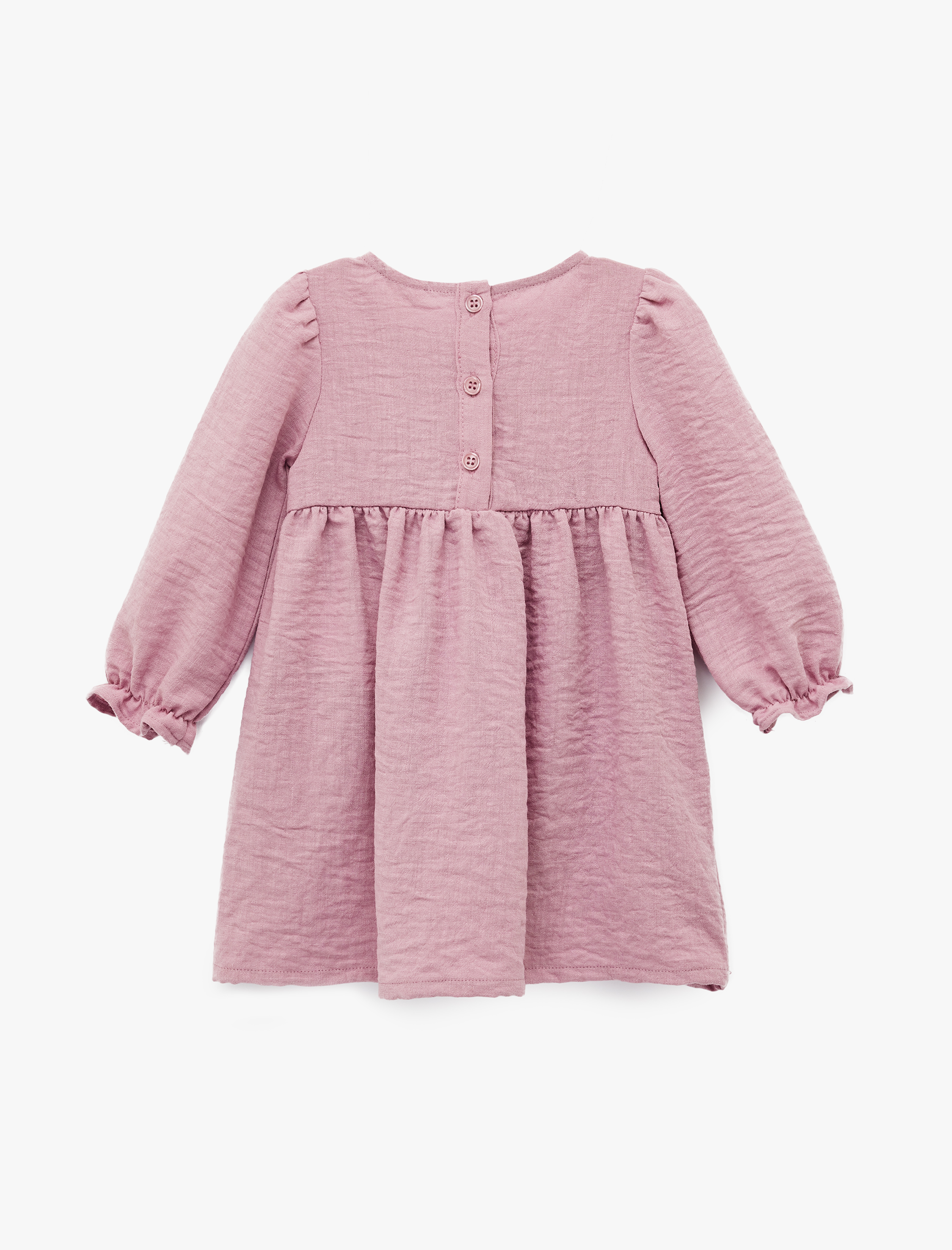  Kız Bebek Bisiklet Yaka Büzgü Detaylı Çiçek İşlemeli Uzun Kollu Elbise