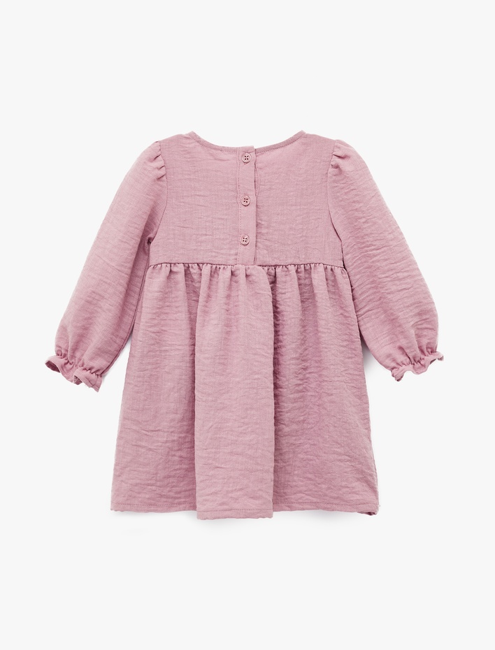 Kız Bebek Bisiklet Yaka Büzgü Detaylı Çiçek İşlemeli Uzun Kollu Elbise