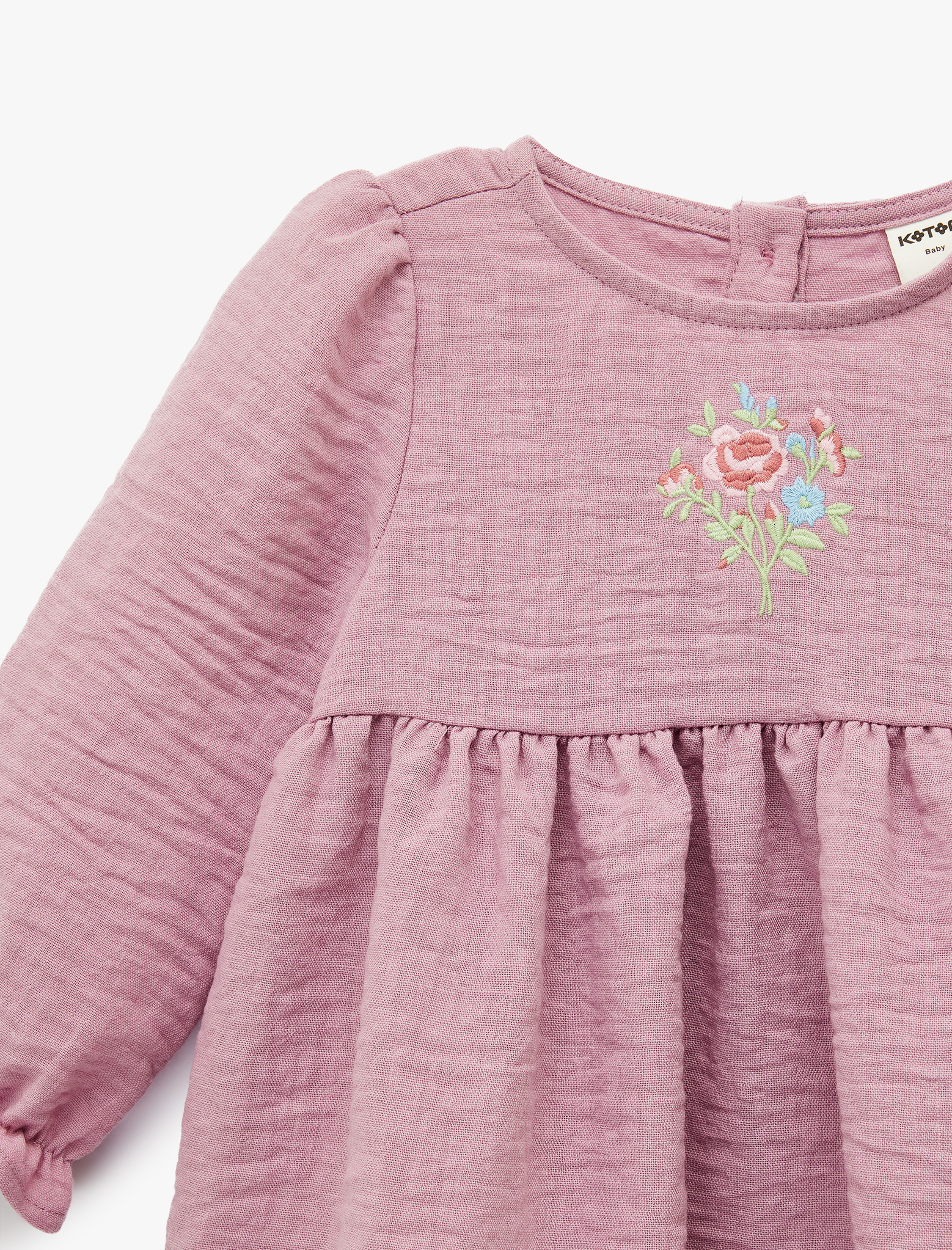  Kız Bebek Bisiklet Yaka Büzgü Detaylı Çiçek İşlemeli Uzun Kollu Elbise