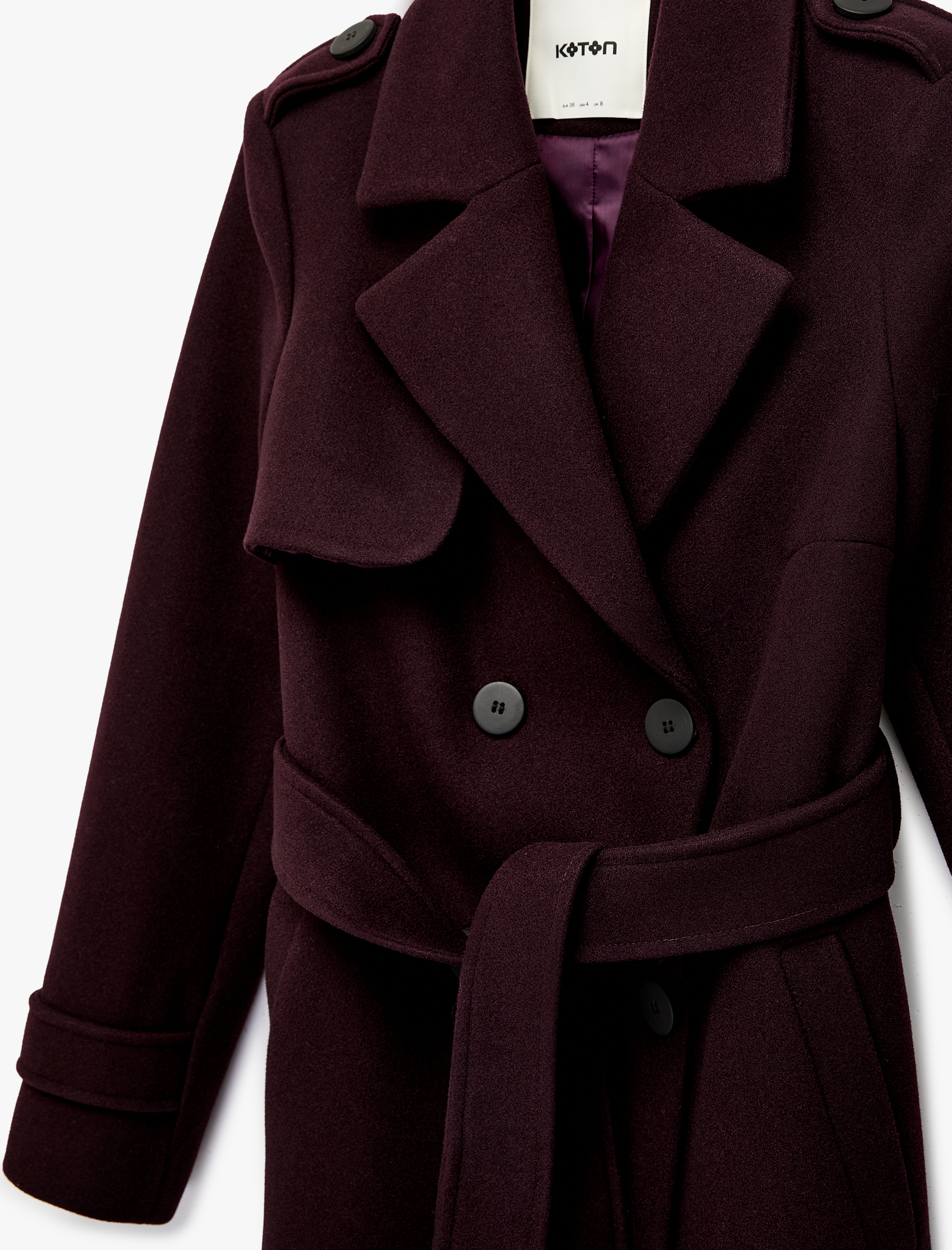   Uzun Kollu Kemerli Düğmeli Kruvaze Kaşe Trenç Kaban