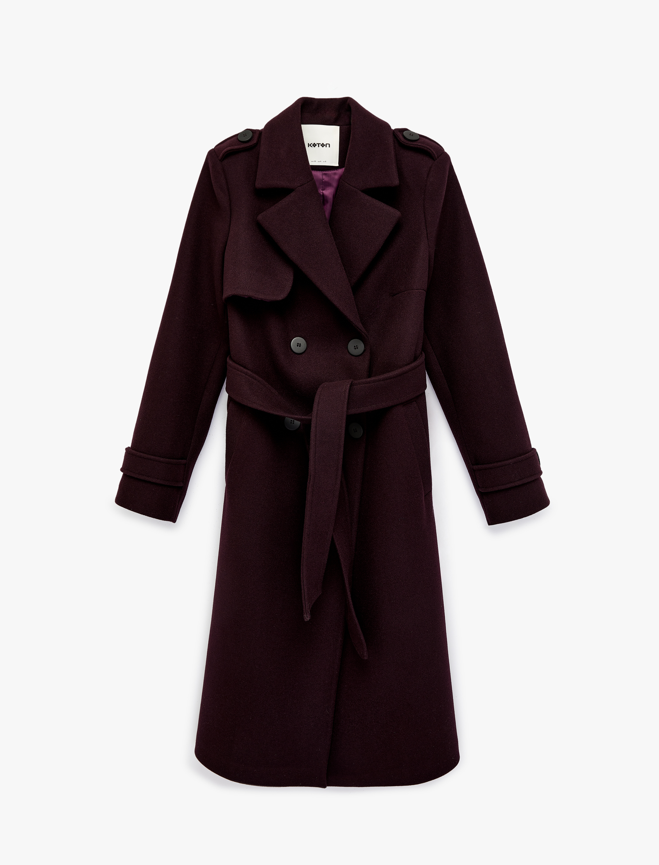   Uzun Kollu Kemerli Düğmeli Kruvaze Kaşe Trenç Kaban