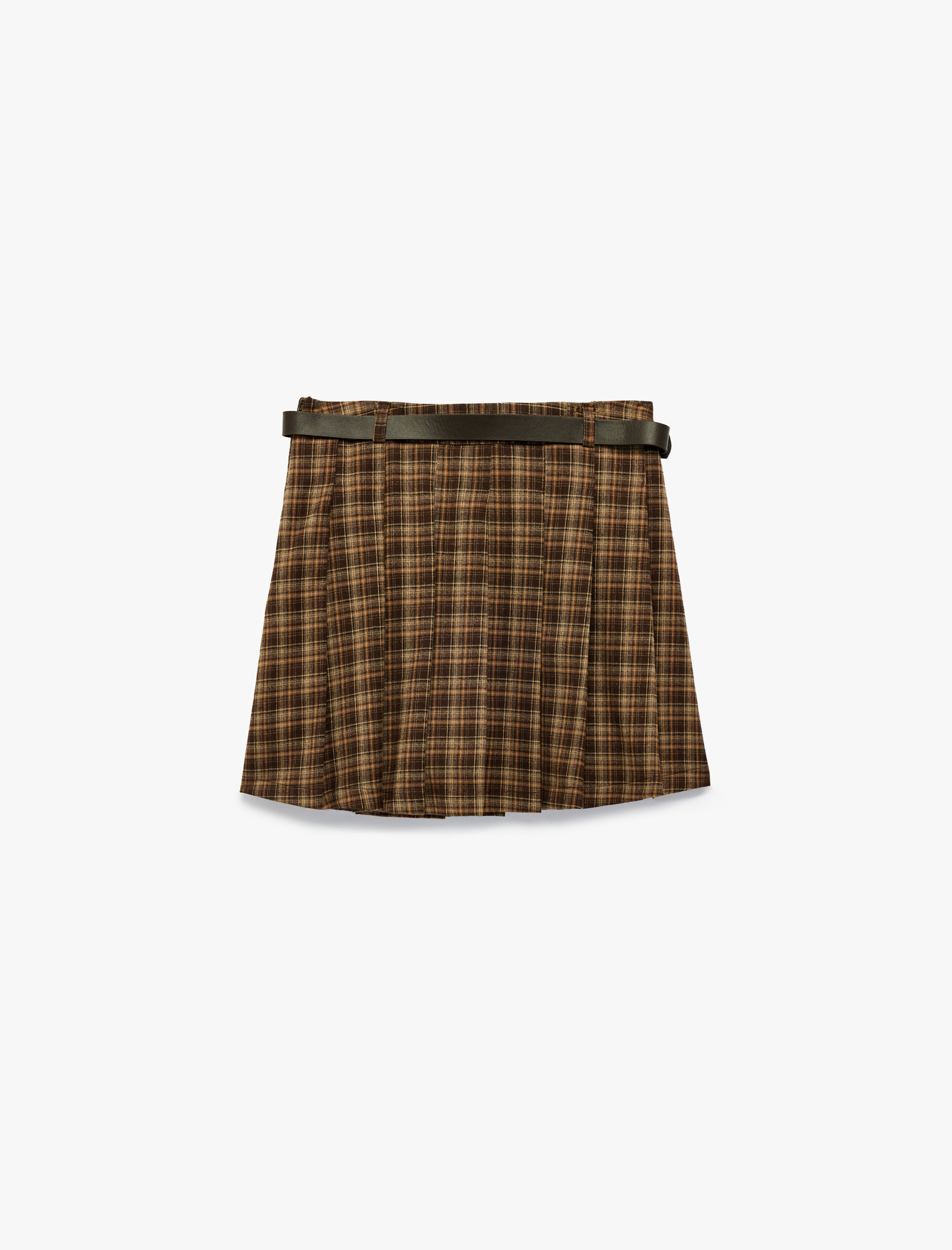   Kemer Detaylı Ekoseli Mini Şort Etek