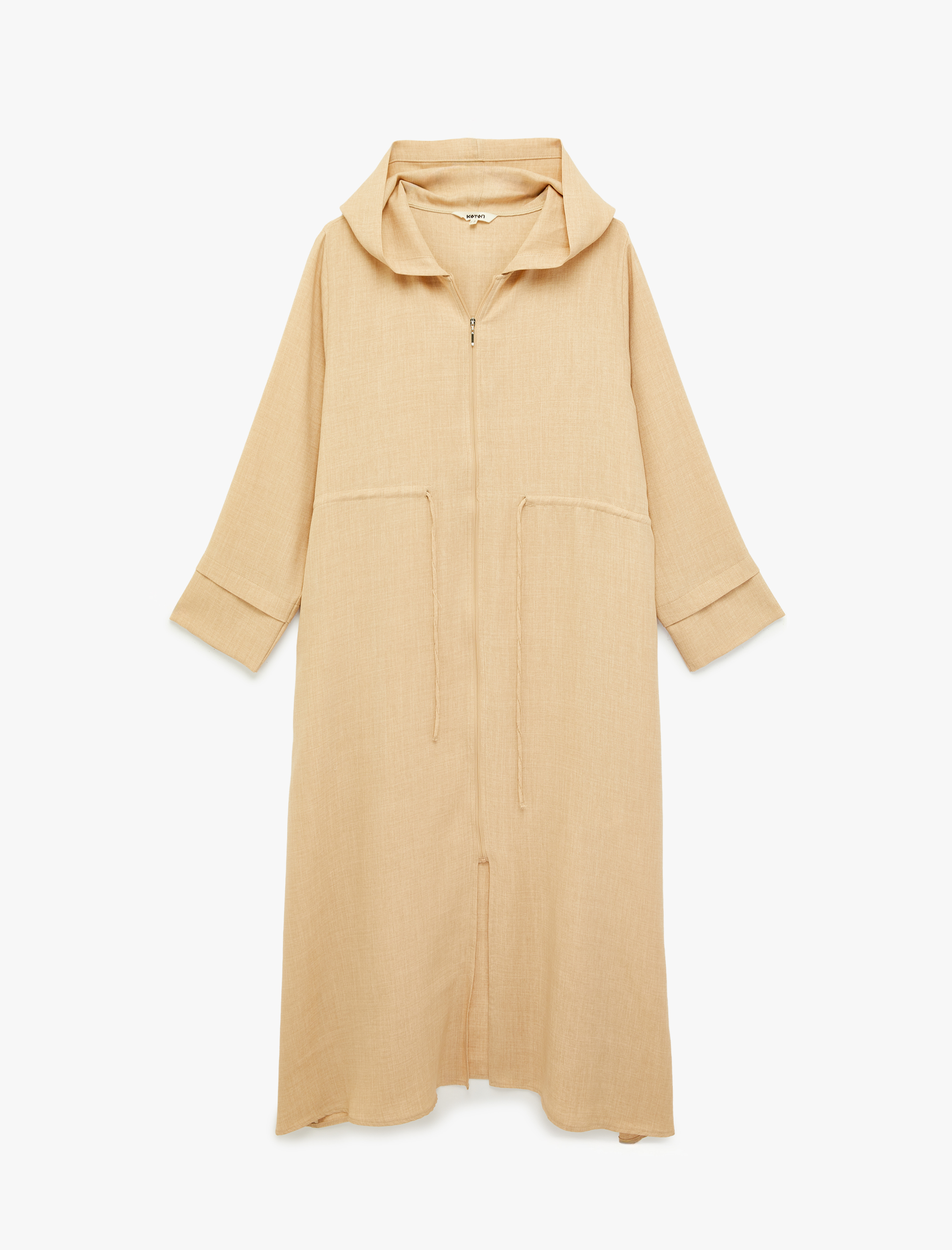   Belden Bağlama Detaylı Uzun Kollu Fermuarlı Kapüşonlu Uzun Ceket