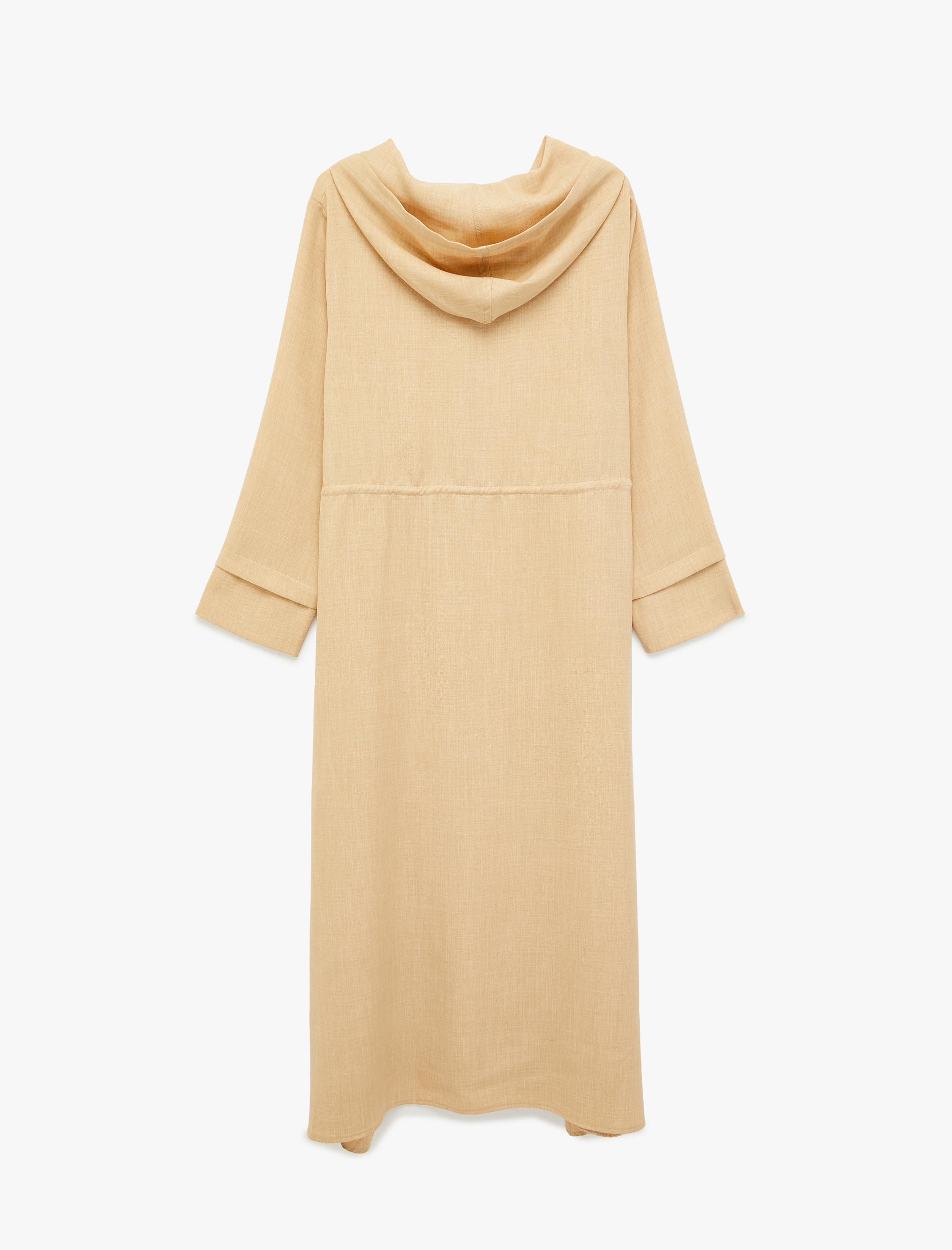   Belden Bağlama Detaylı Uzun Kollu Fermuarlı Kapüşonlu Uzun Ceket