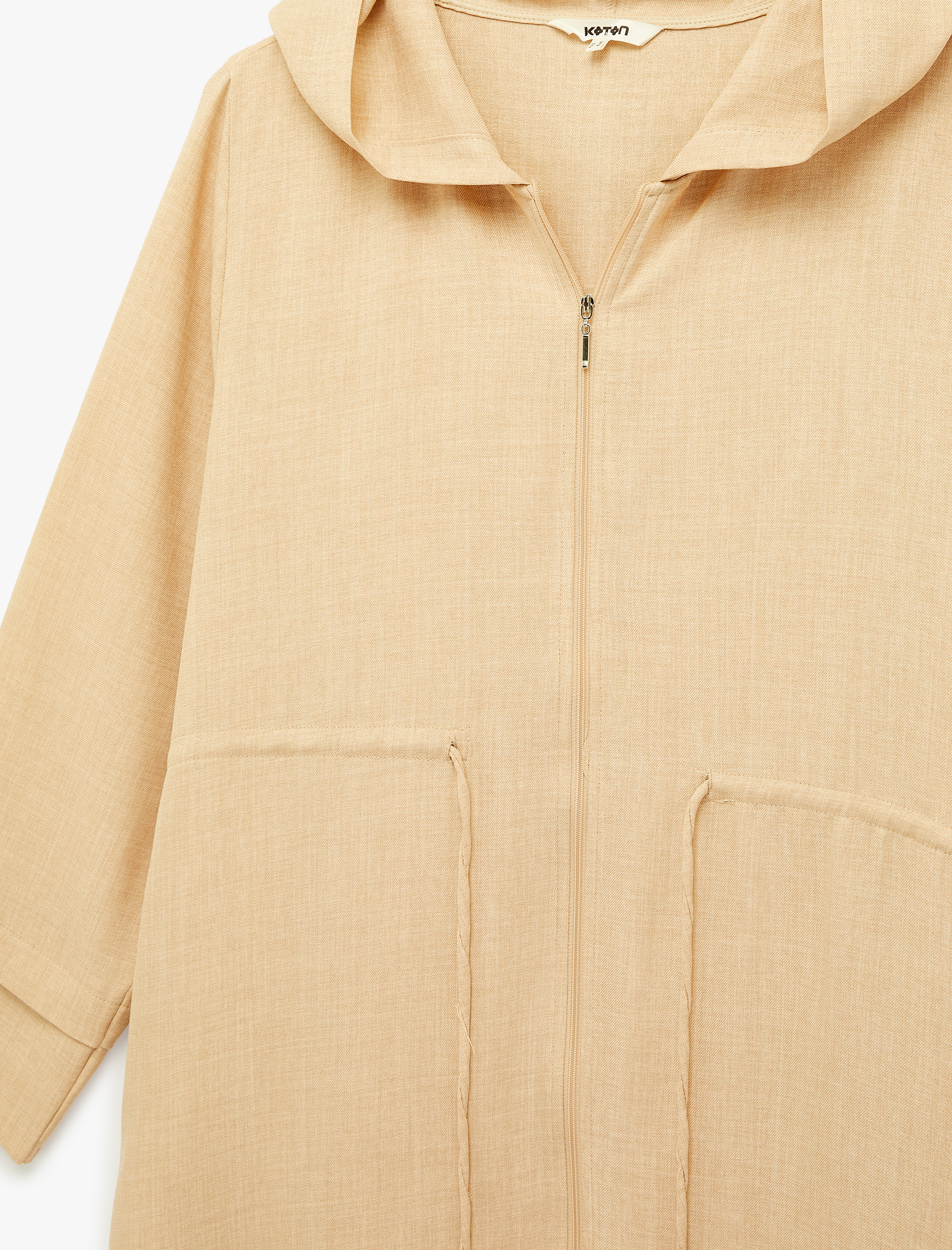   Belden Bağlama Detaylı Uzun Kollu Fermuarlı Kapüşonlu Uzun Ceket