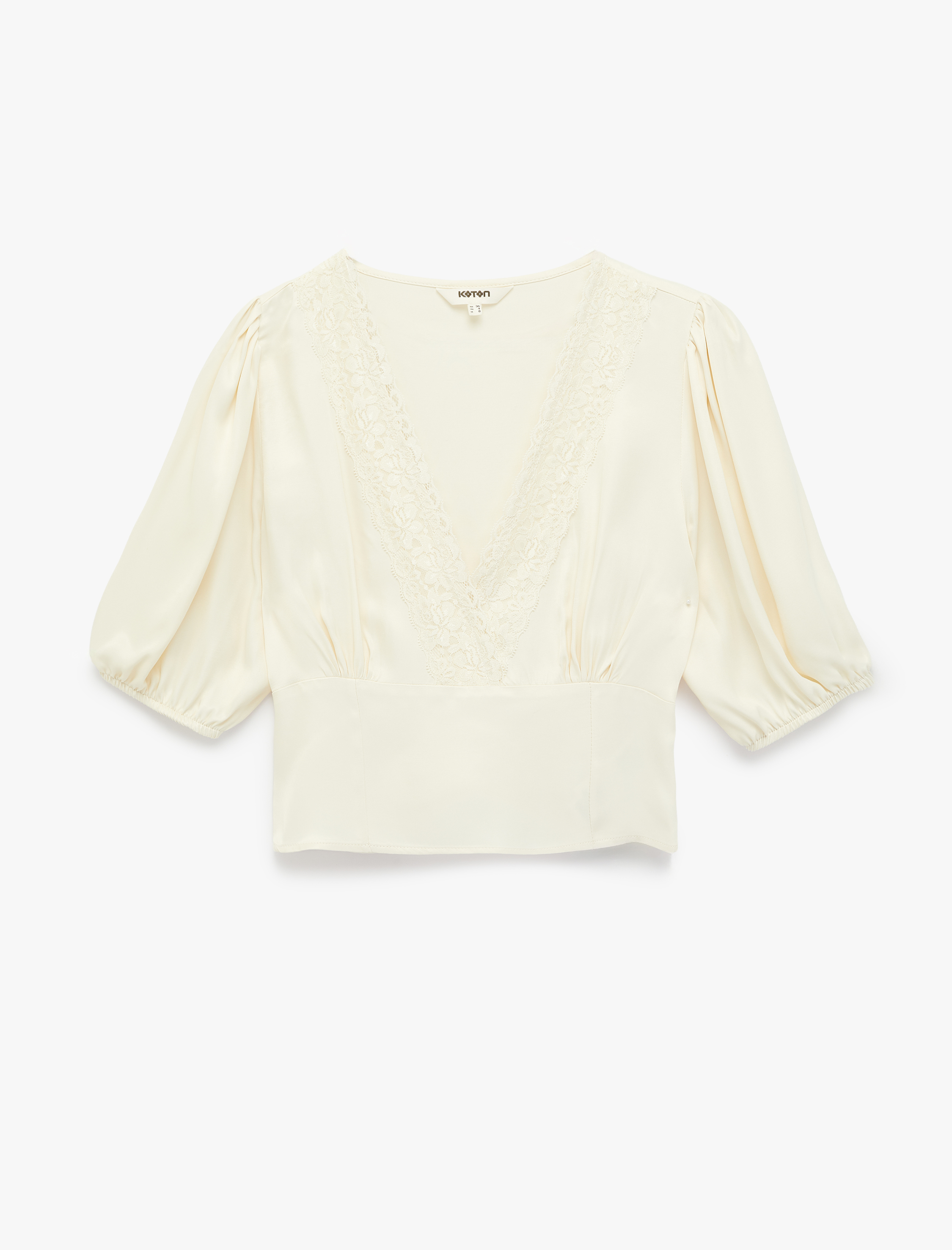   Slim Fit Dantel Detaylı Kısa Balon Kollu V Yaka Saten Crop Bluz