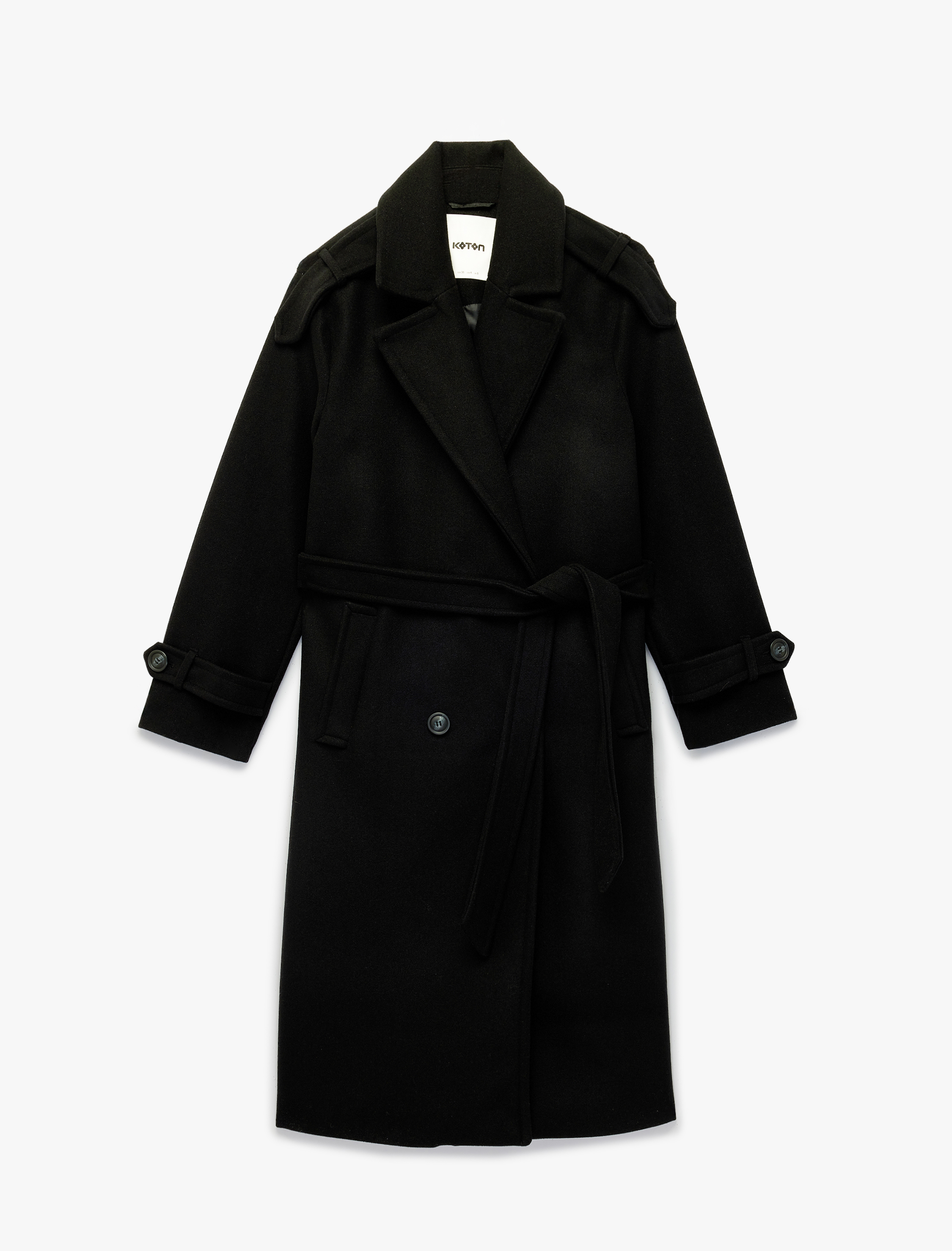   Uzun Kollu Cepli Düğmeli Kuşak Detaylı Kruvaze Kaşe Trenç Kaban