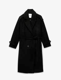 Uzun Kollu Cepli Düğmeli Kuşak Detaylı Kruvaze Kaşe Trenç Kaban