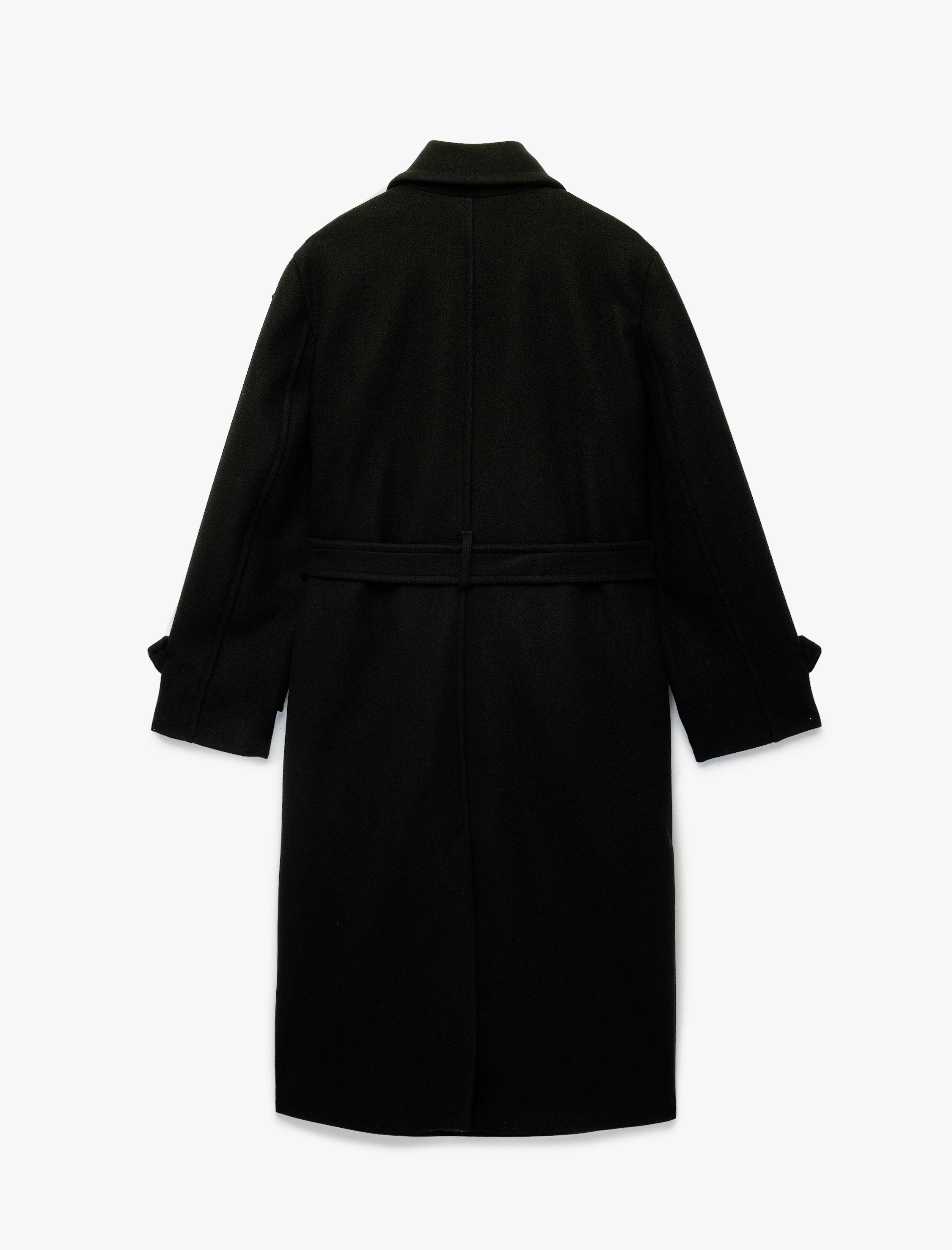   Uzun Kollu Cepli Düğmeli Kuşak Detaylı Kruvaze Kaşe Trenç Kaban