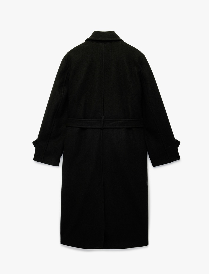  Uzun Kollu Cepli Düğmeli Kuşak Detaylı Kruvaze Kaşe Trenç Kaban