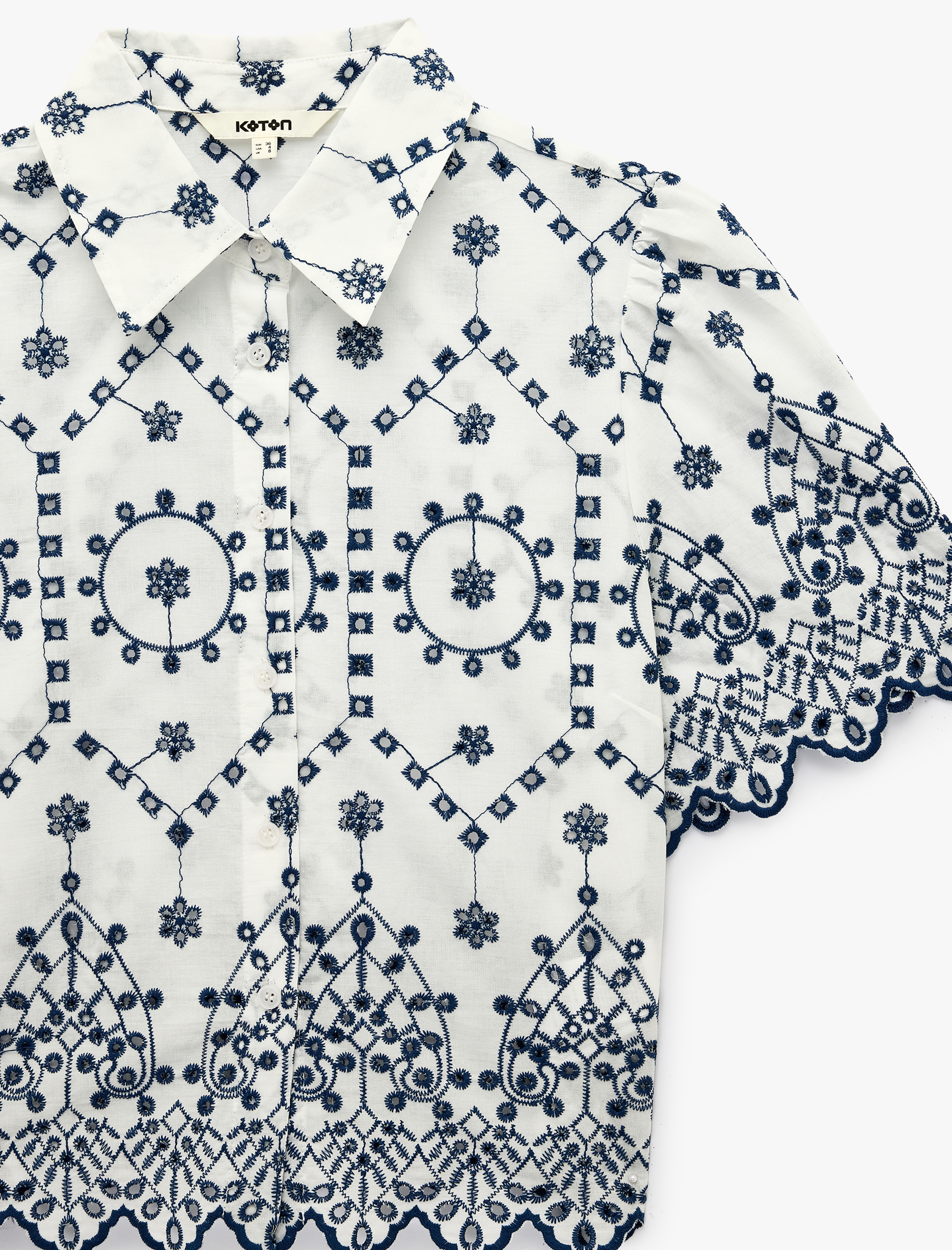 Regular Fit Pamuklu Kısa Kollu Desenli Brodeli Crop Gömlek - Görsel 5