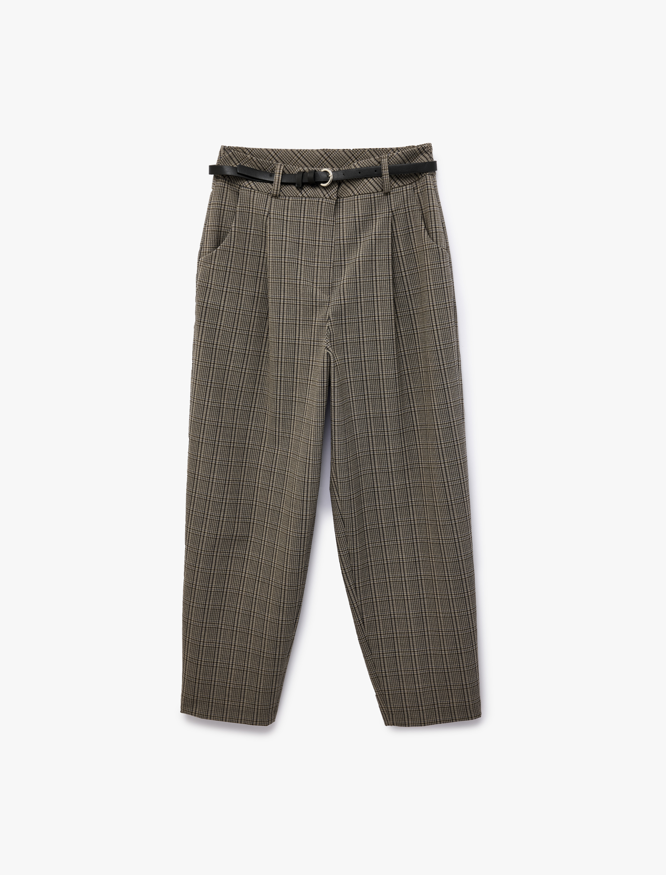   Kemer Detaylı Cepli Yüksek Bel Ekoseli Cigarette Pantolon