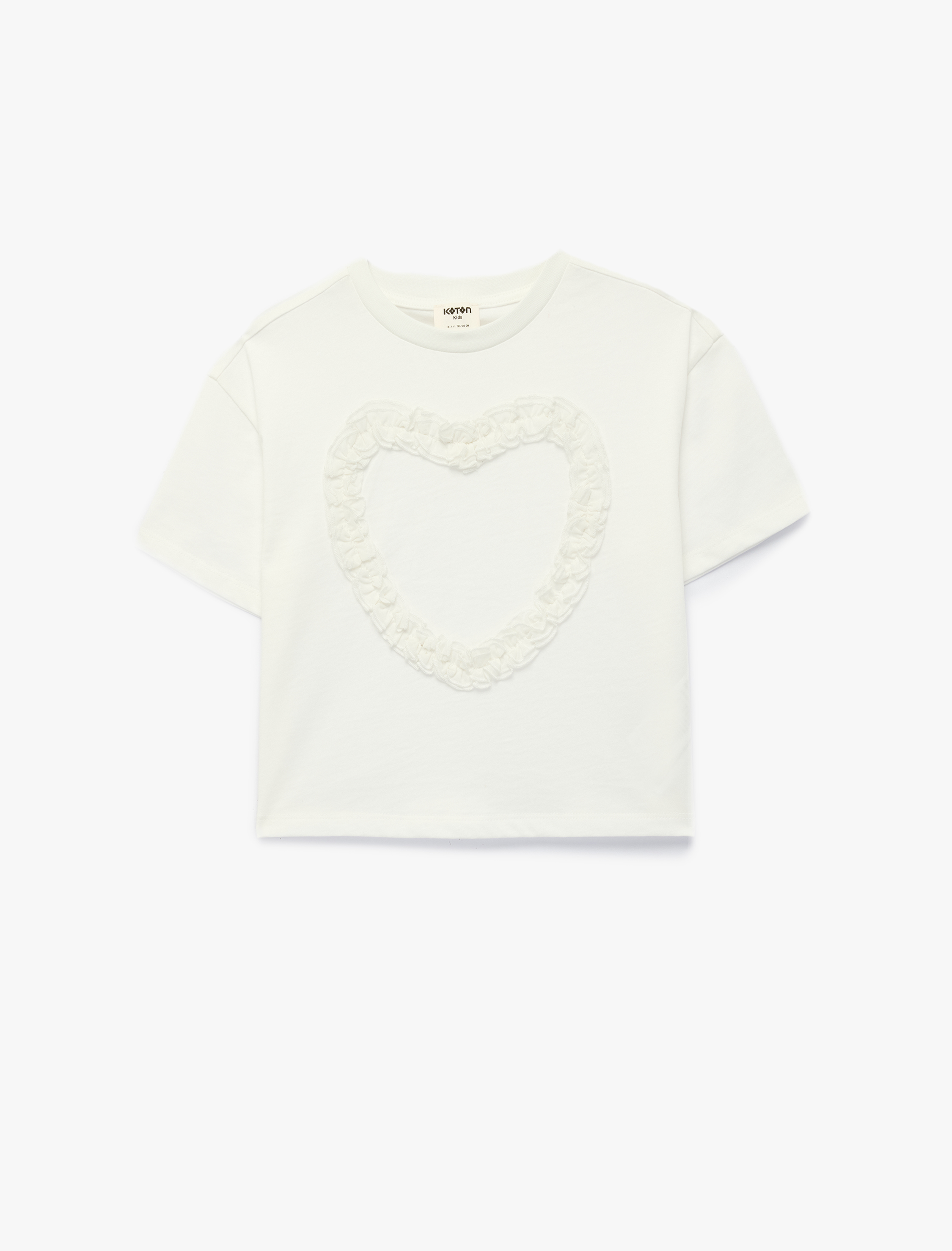  Kız Çocuk Fırfırlı Kalp Detaylı Kısa Kollu Bisiklet Yaka Pamuklu Tişört