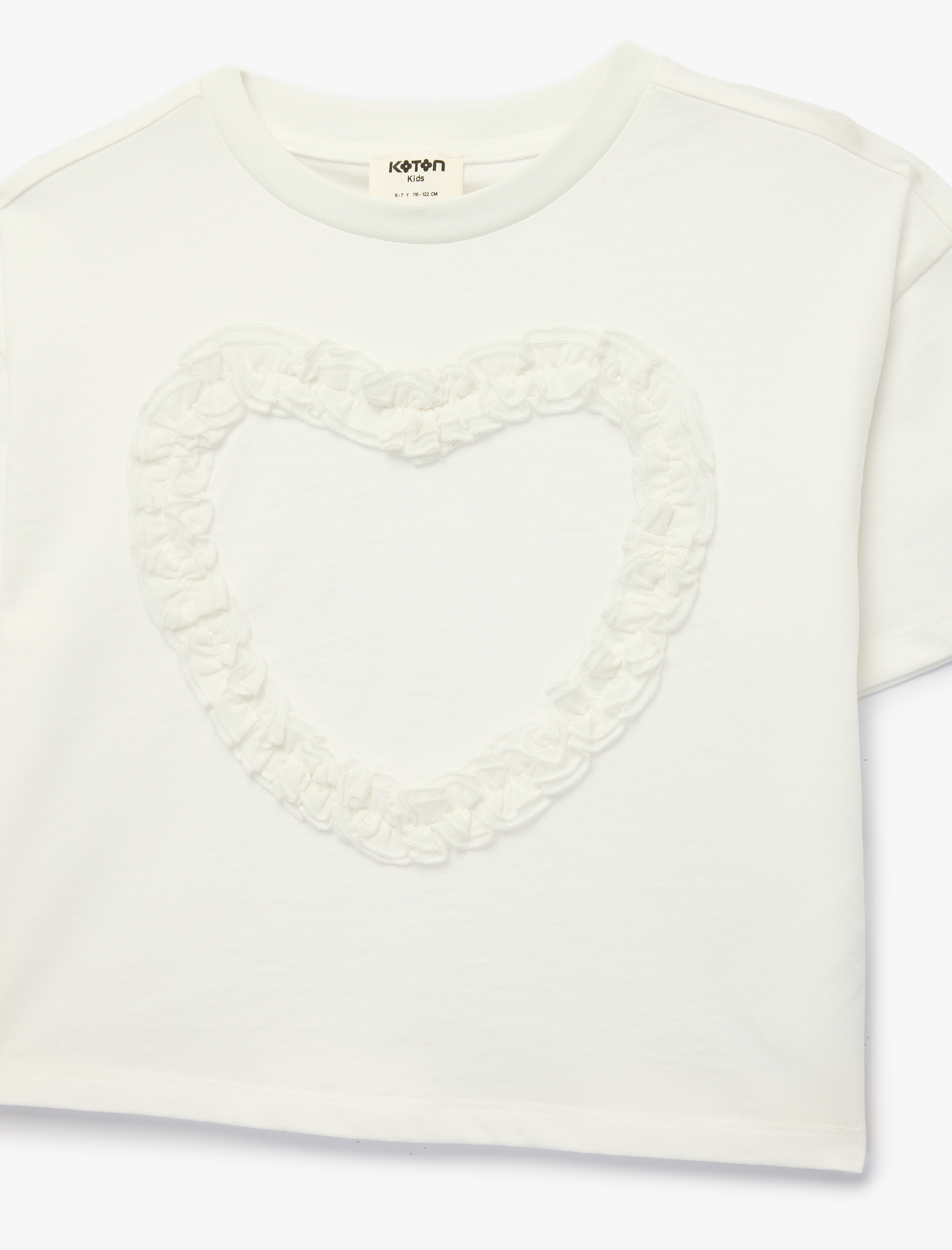  Kız Çocuk Fırfırlı Kalp Detaylı Kısa Kollu Bisiklet Yaka Pamuklu Tişört