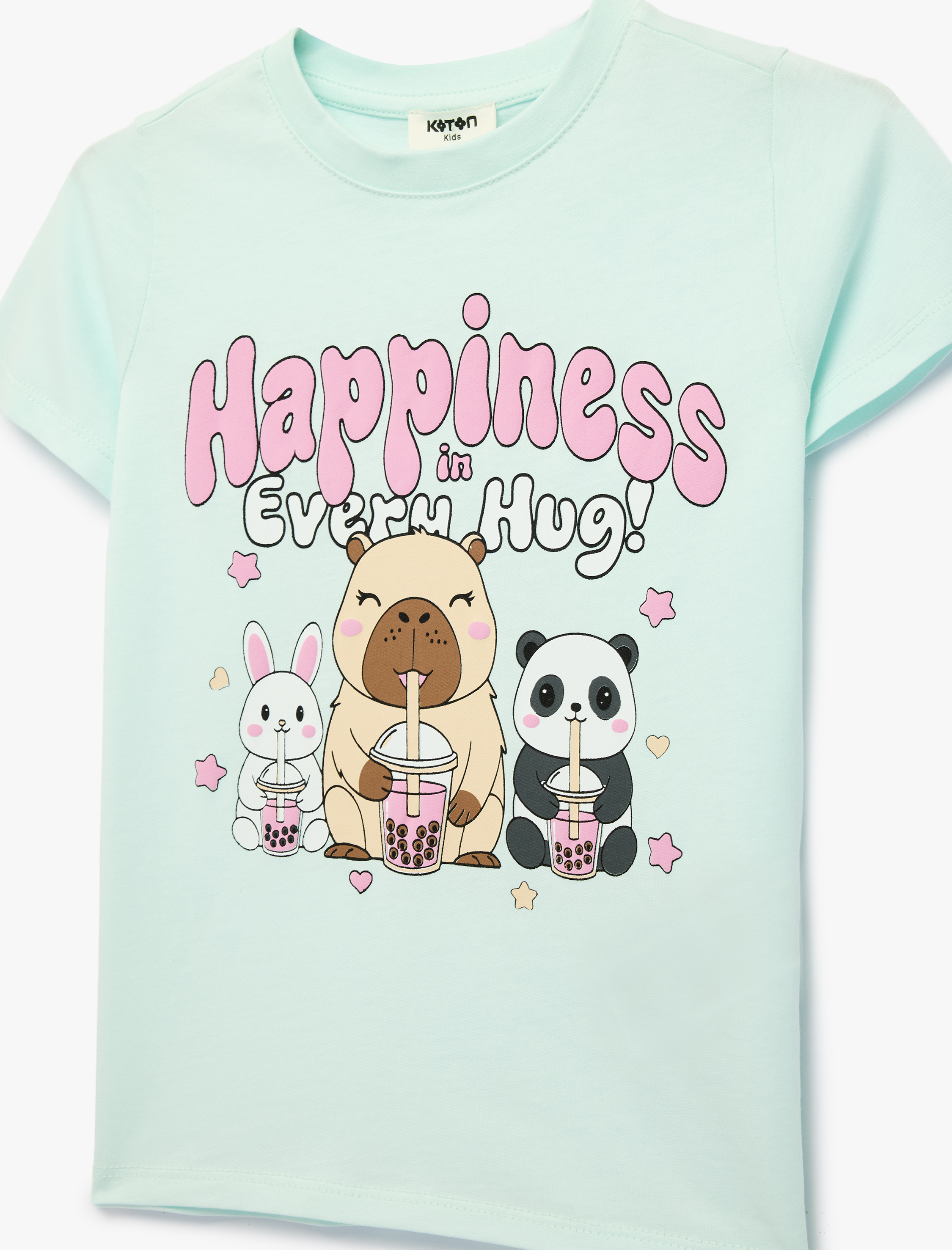  Kız Çocuk Bisiklet Yaka Kısa Kollu Pamuklu Baskılı Tişört