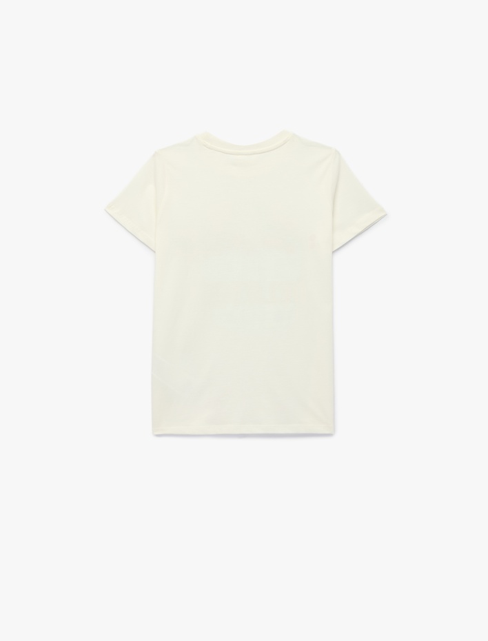 Kız Çocuk Pamuklu Bisiklet Yaka Simli Baskılı Kısa Kollu Tişört