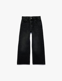 Pamuklu Kanat İşleme Detaylı Geniş Paça Denim Pantolon