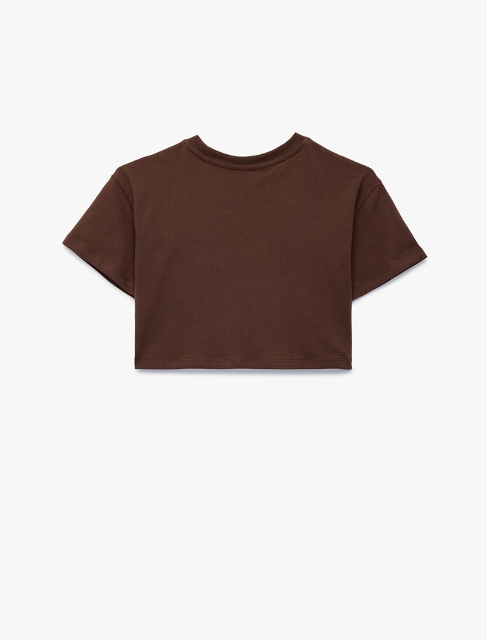 Kız Çocuk Baskılı Taş Detaylı Kısa Kollu Bisiklet Yaka Pamuklu Crop Tişört