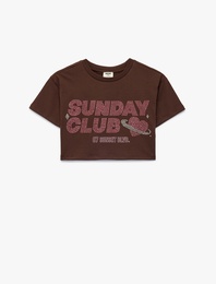 Baskılı Taş Detaylı Kısa Kollu Bisiklet Yaka Pamuklu Crop Tişört