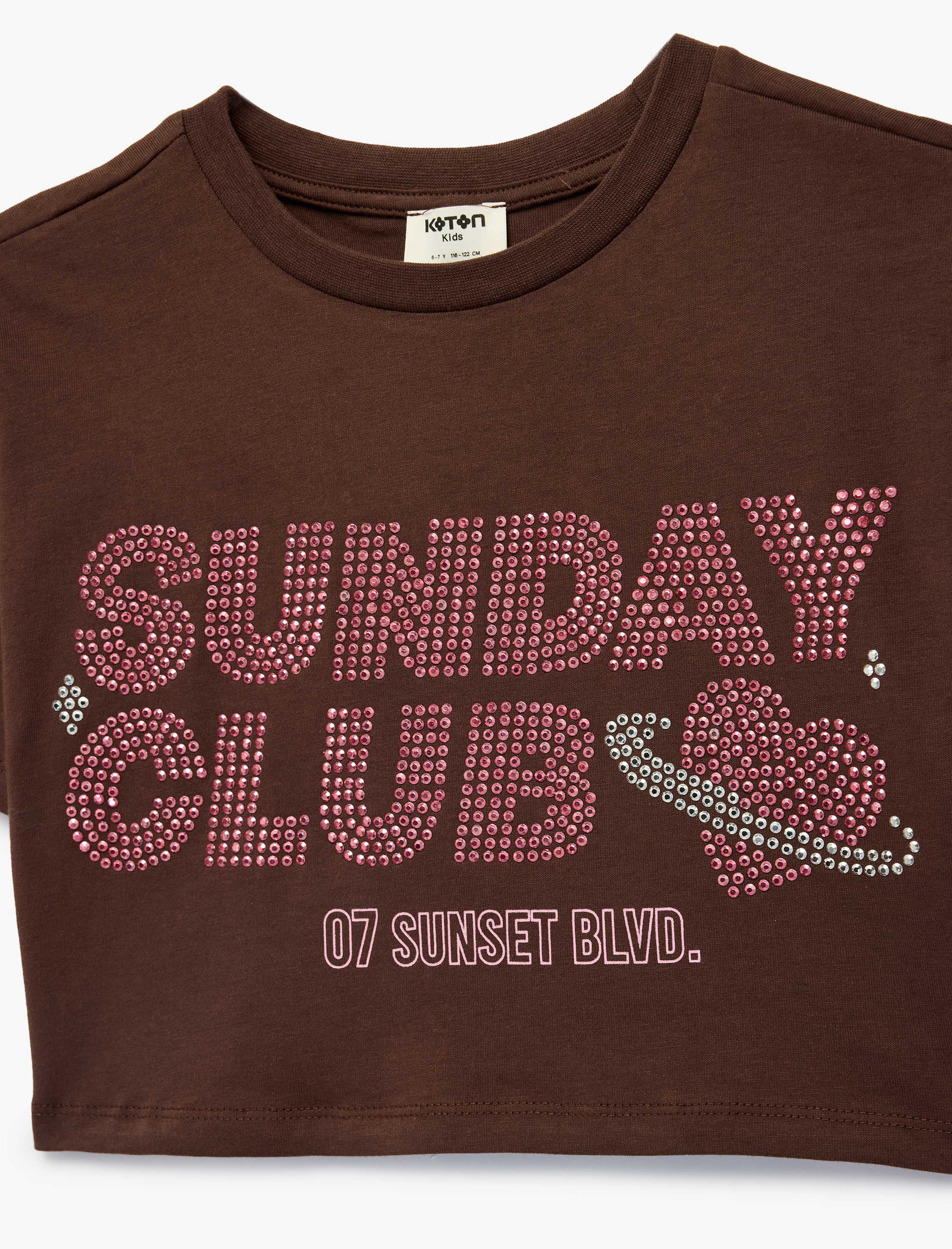  Kız Çocuk Baskılı Taş Detaylı Kısa Kollu Bisiklet Yaka Pamuklu Crop Tişört