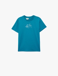 Pamuklu Kısa Kollu Bisiklet Yaka Baskılı Tişört