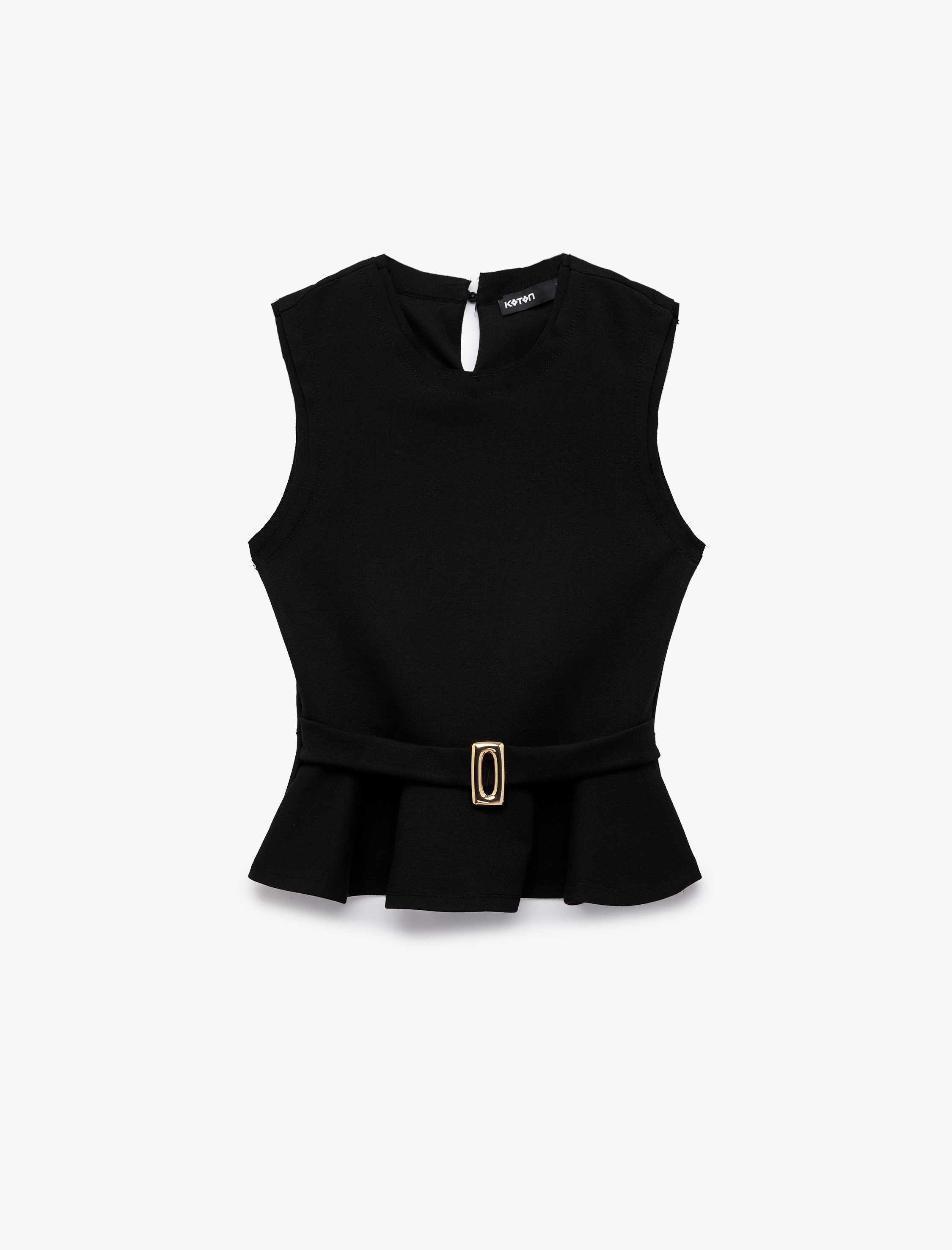   Slim Fit Kolsuz Bisiklet Yaka Kemerli Peplum Bluz