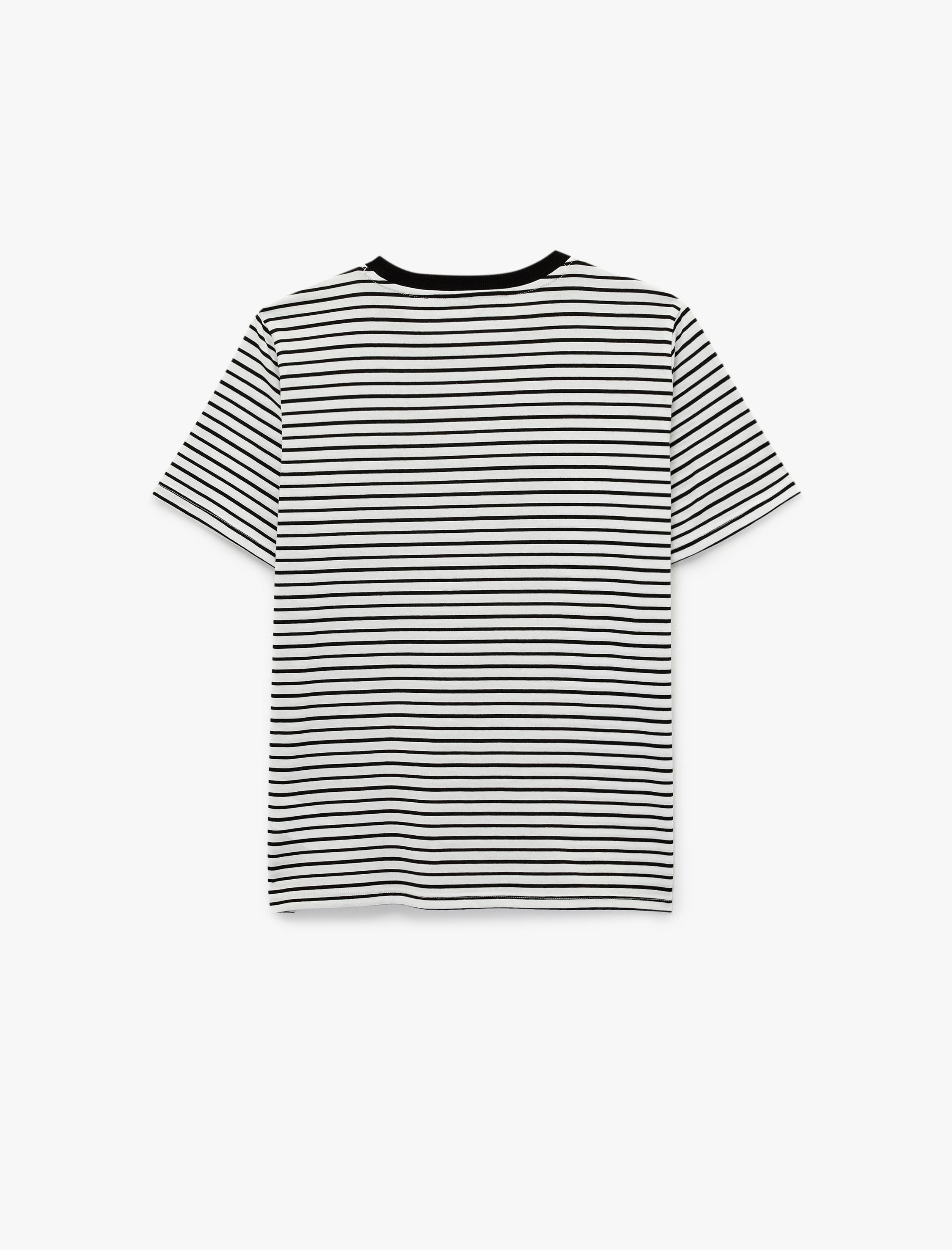   Pamuklu Kısa Kollu Bisiklet Yaka Baskılı Çizgili Tişört