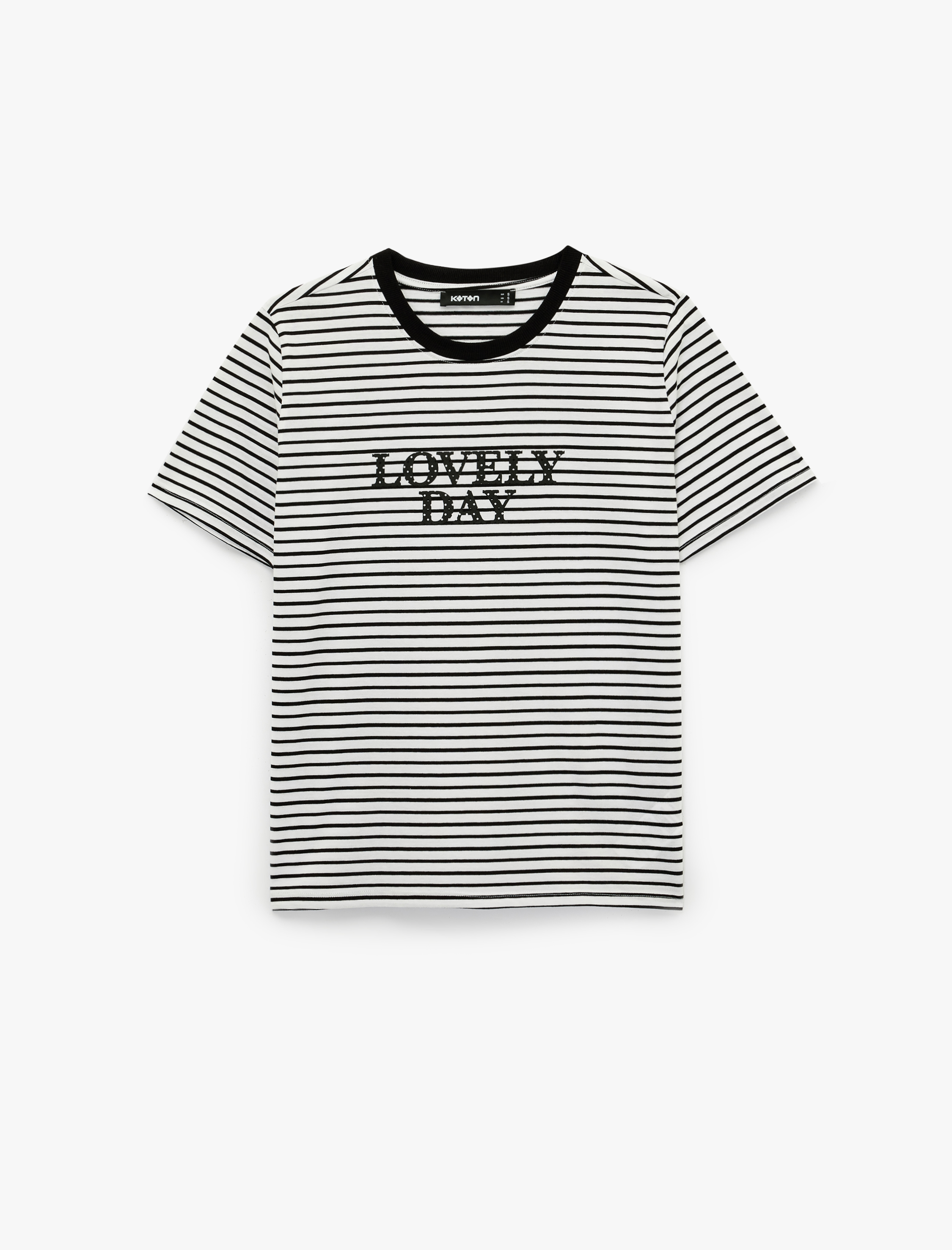   Pamuklu Kısa Kollu Bisiklet Yaka Baskılı Çizgili Tişört