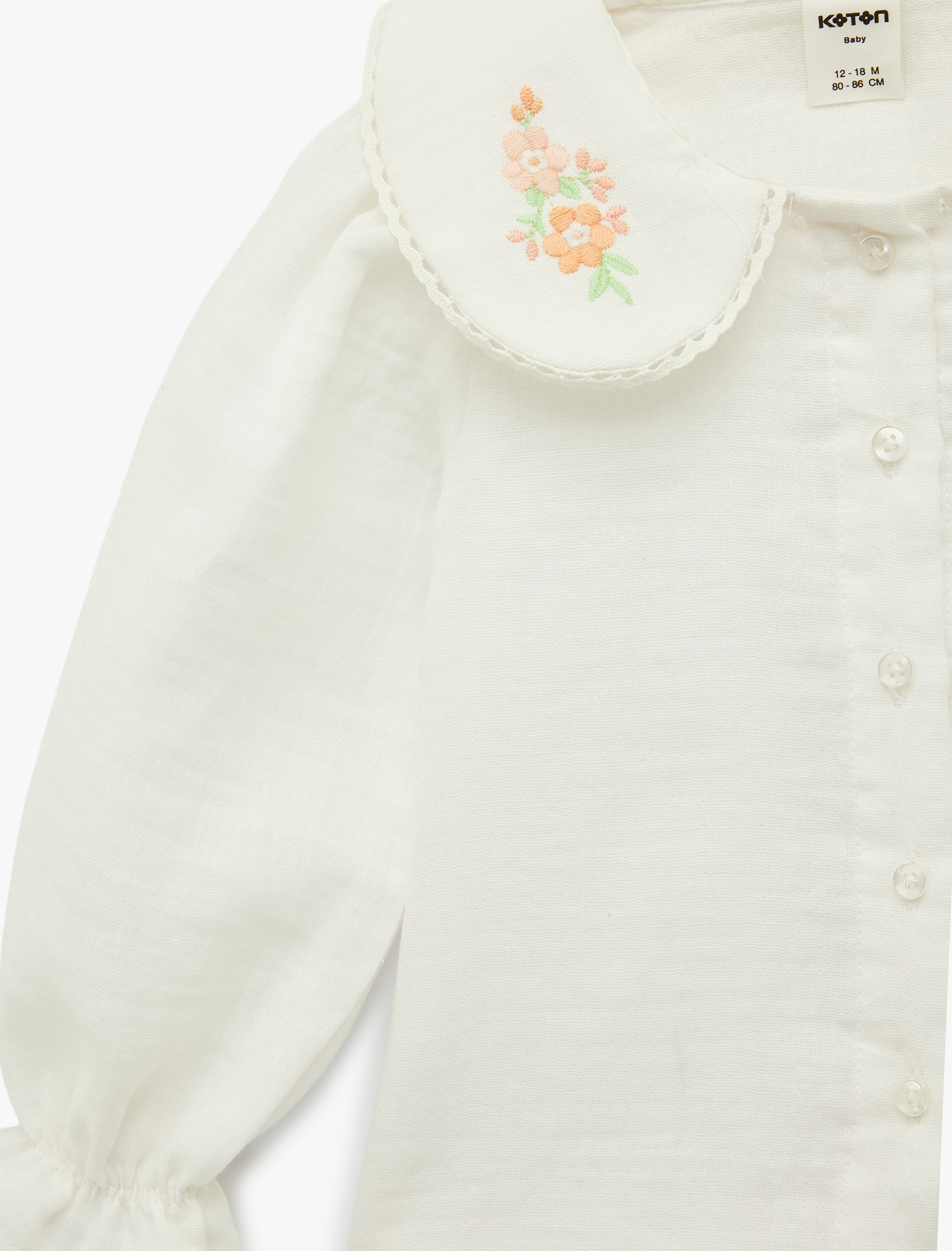  Kız Bebek Çiçek İşlemeli Düğmeli Uzun Kollu Pamuklu Bebe Yaka Gömlek