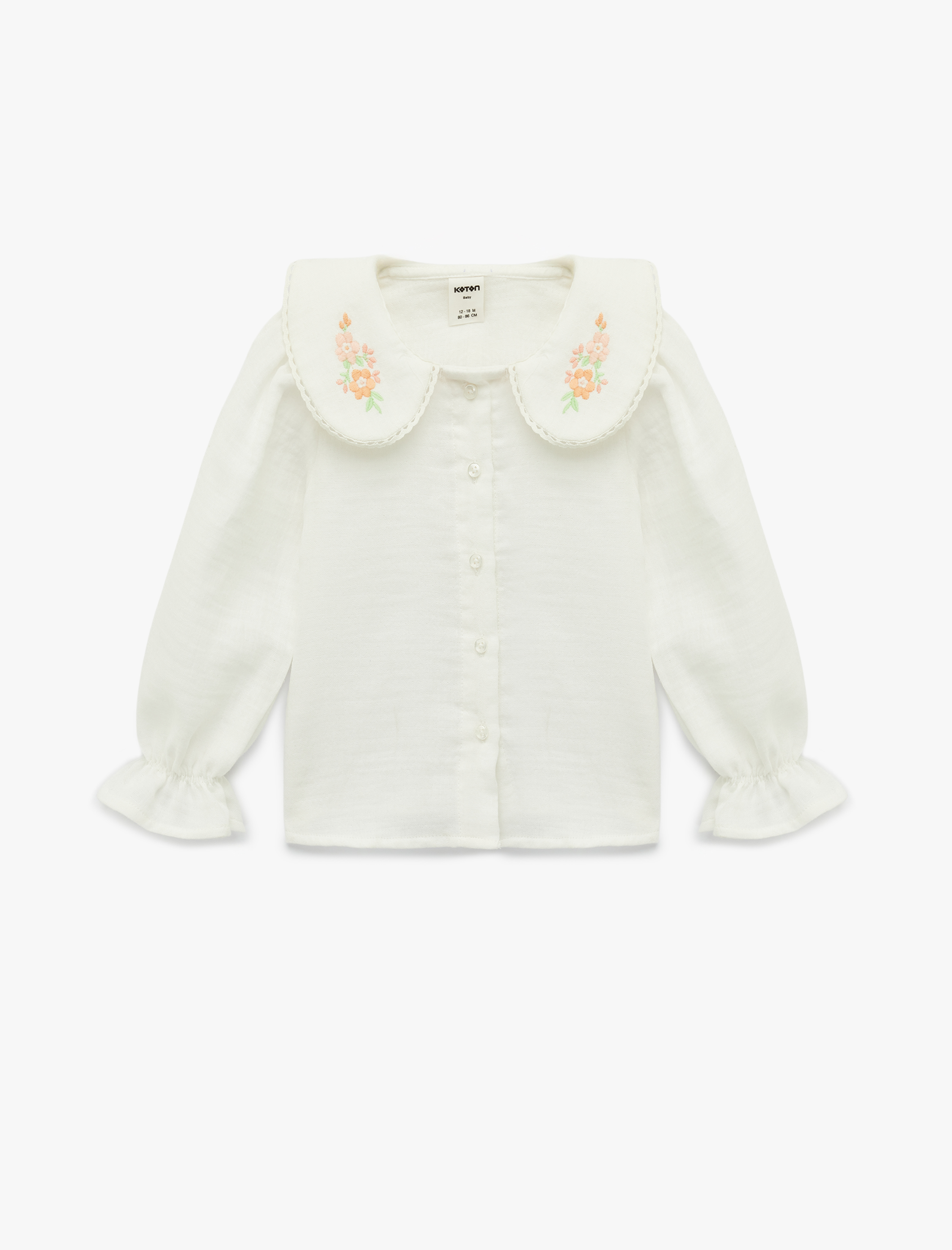  Kız Bebek Çiçek İşlemeli Düğmeli Uzun Kollu Pamuklu Bebe Yaka Gömlek
