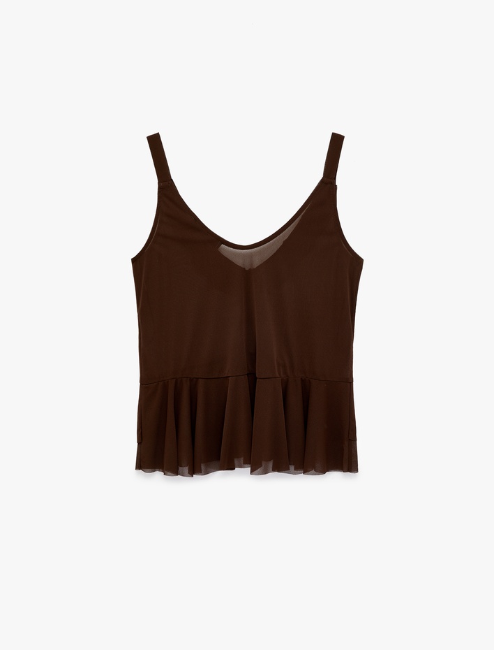  Volan Detaylı V Yaka Fırfırlı Askılı Bluz