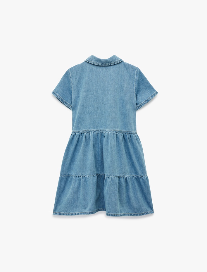 Kız Çocuk Pamuklu Düğmeli Kısa Kollu Gömlek Yaka Denim Elbise