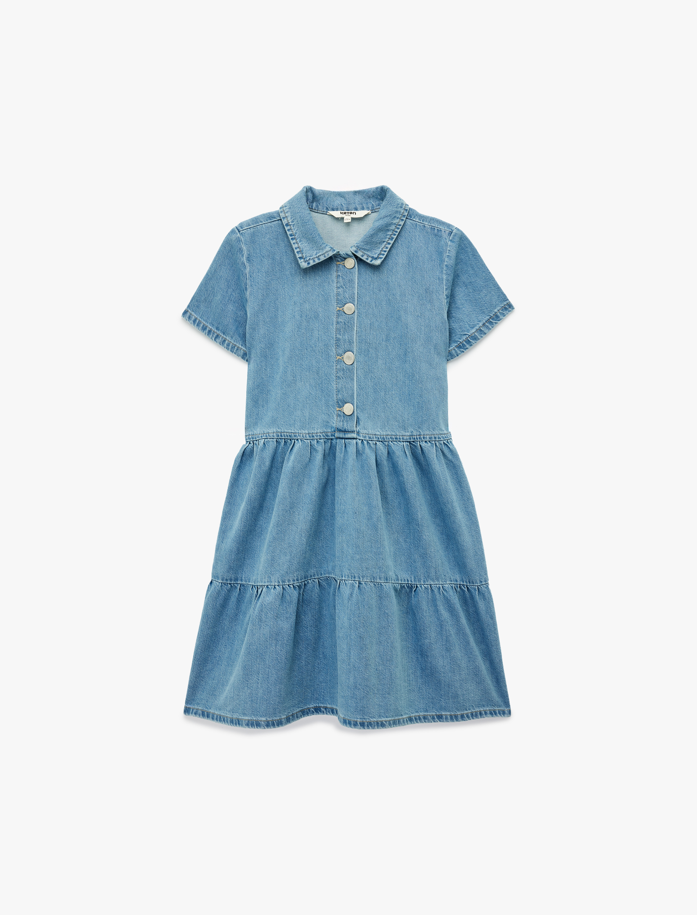  Kız Çocuk Pamuklu Düğmeli Kısa Kollu Gömlek Yaka Denim Elbise