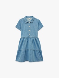 Pamuklu Düğmeli Kısa Kollu Gömlek Yaka Denim Elbise