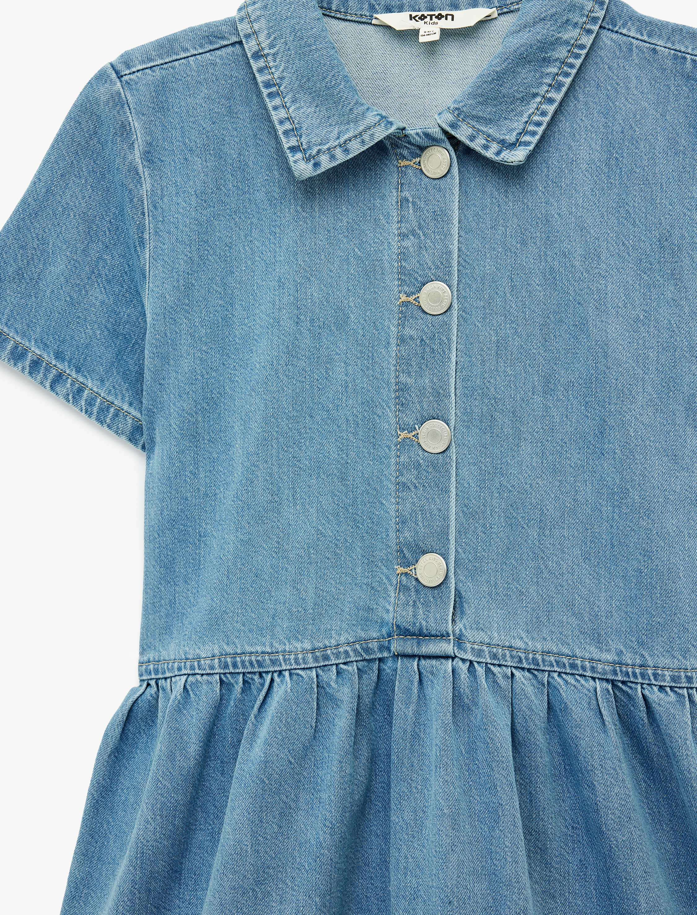  Kız Çocuk Pamuklu Düğmeli Kısa Kollu Gömlek Yaka Denim Elbise