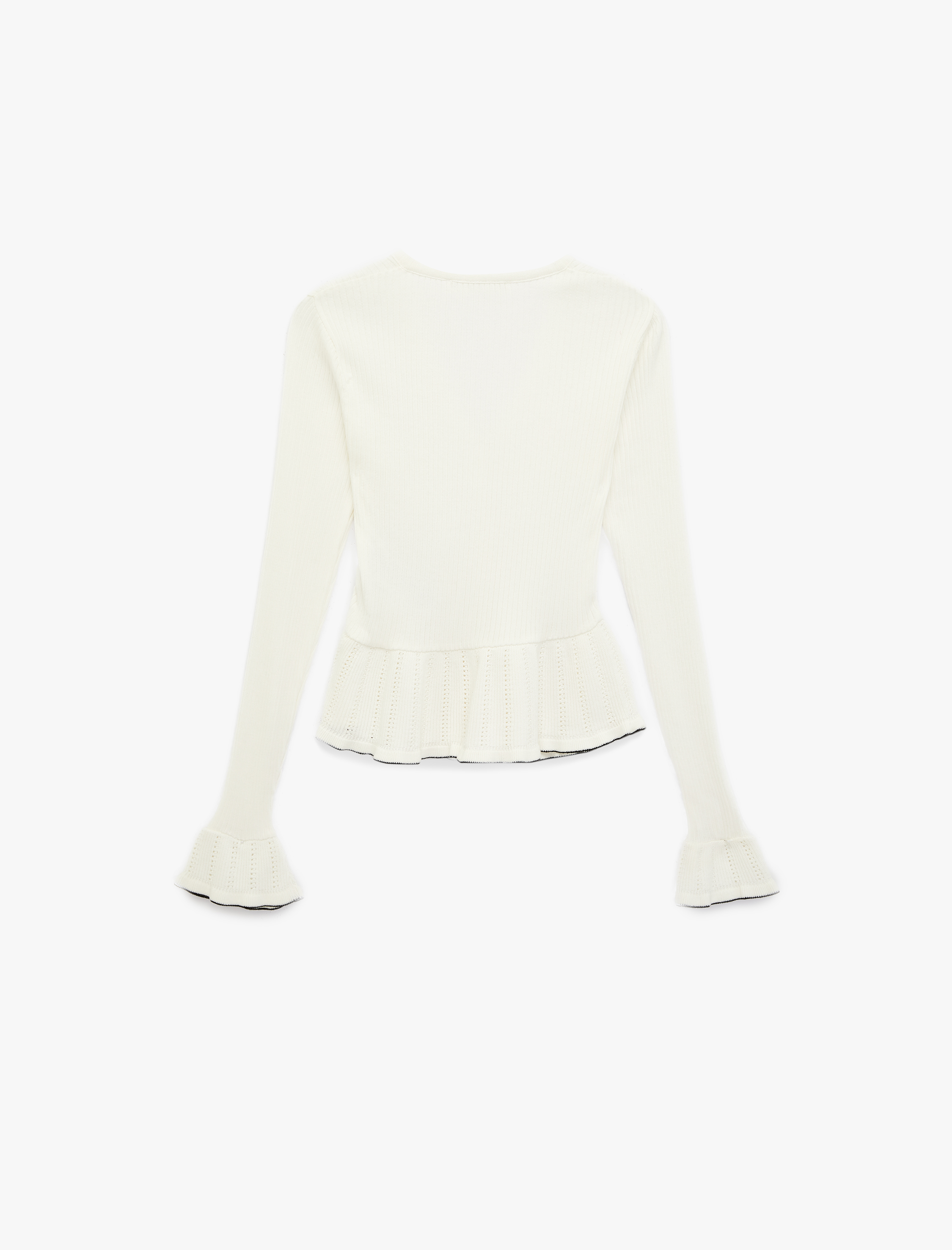   Düğmeli Uzun Kollu V Yaka Pamuklu Volanlı Triko Peplum Hırka