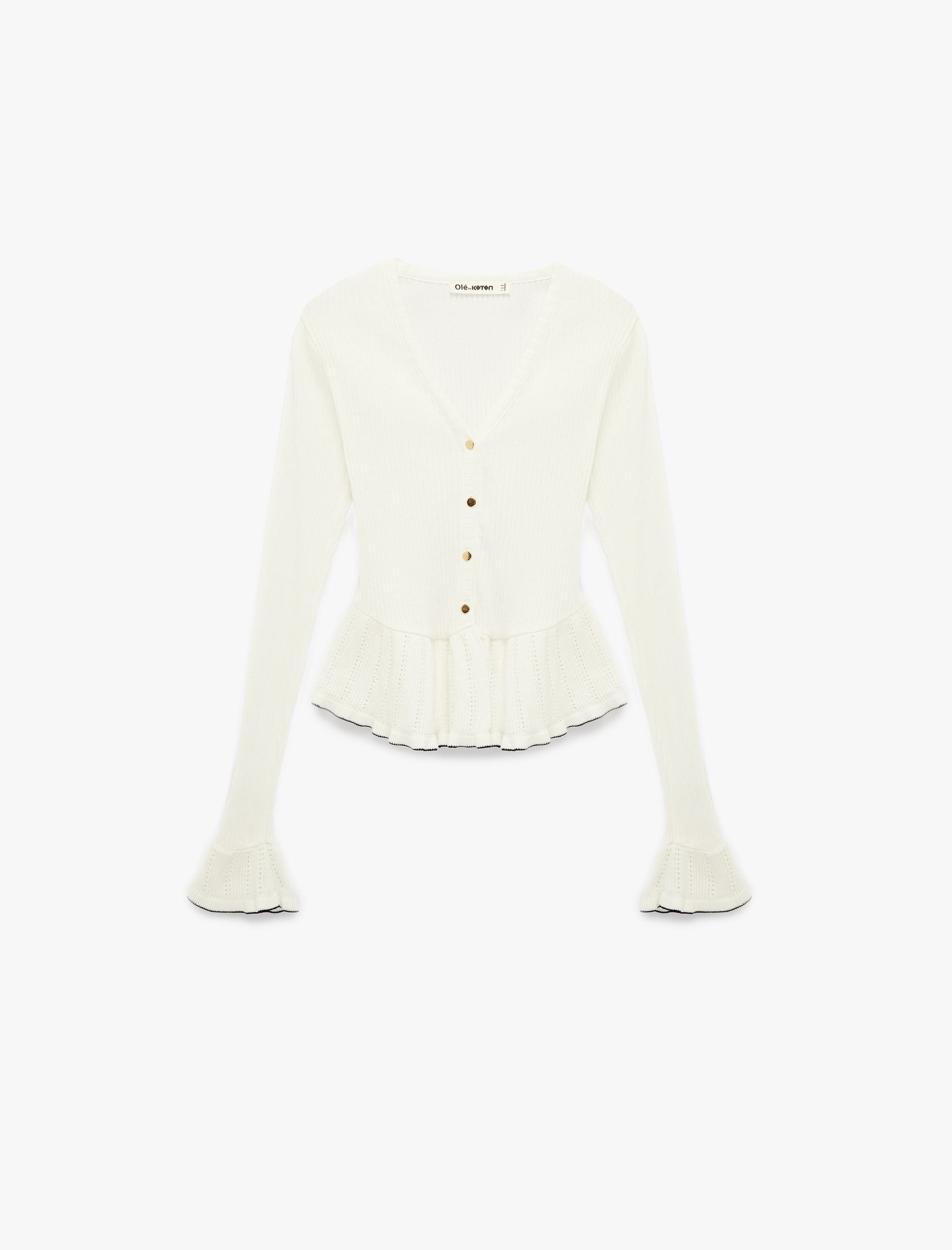   Düğmeli Uzun Kollu V Yaka Pamuklu Volanlı Triko Peplum Hırka