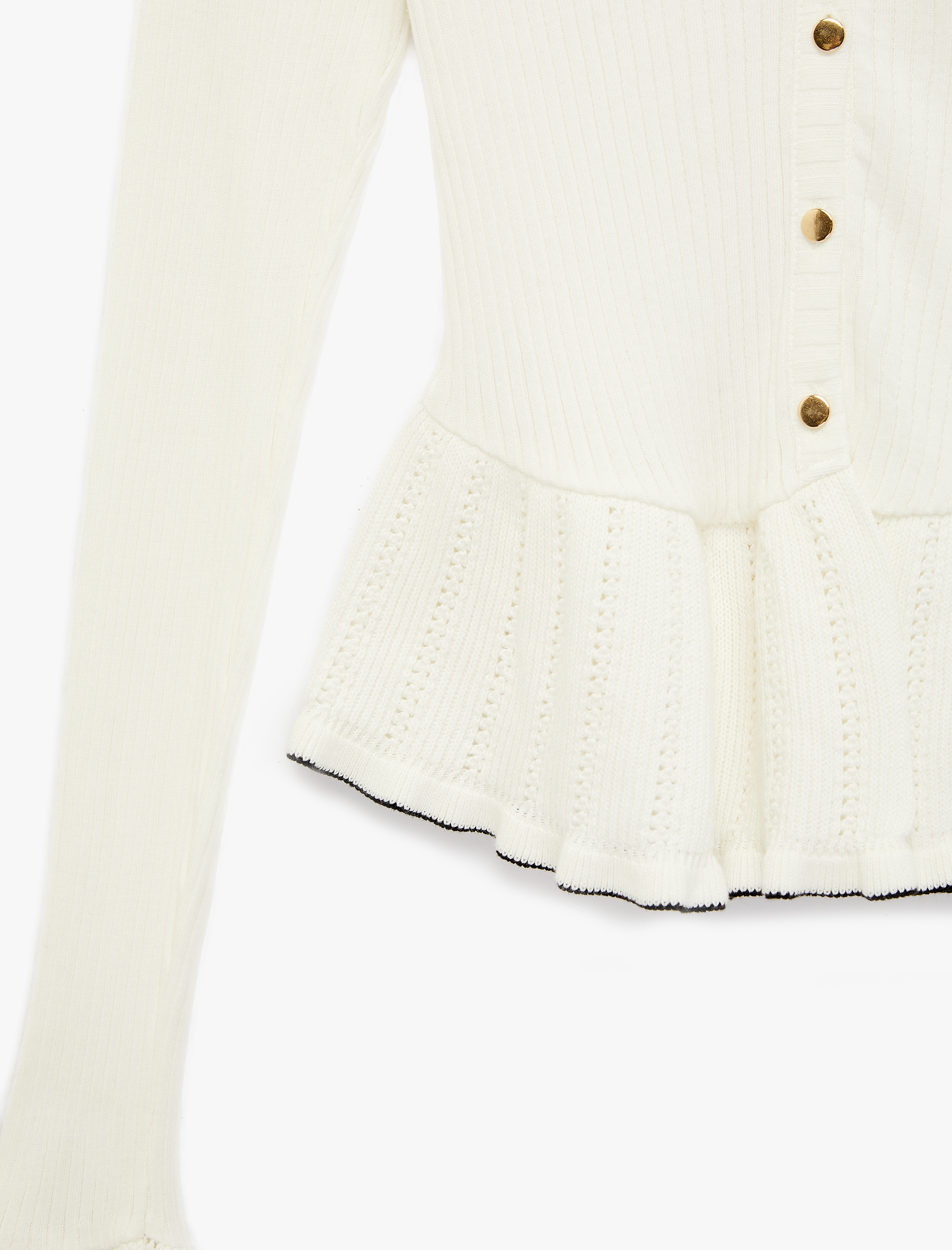   Düğmeli Uzun Kollu V Yaka Pamuklu Volanlı Triko Peplum Hırka