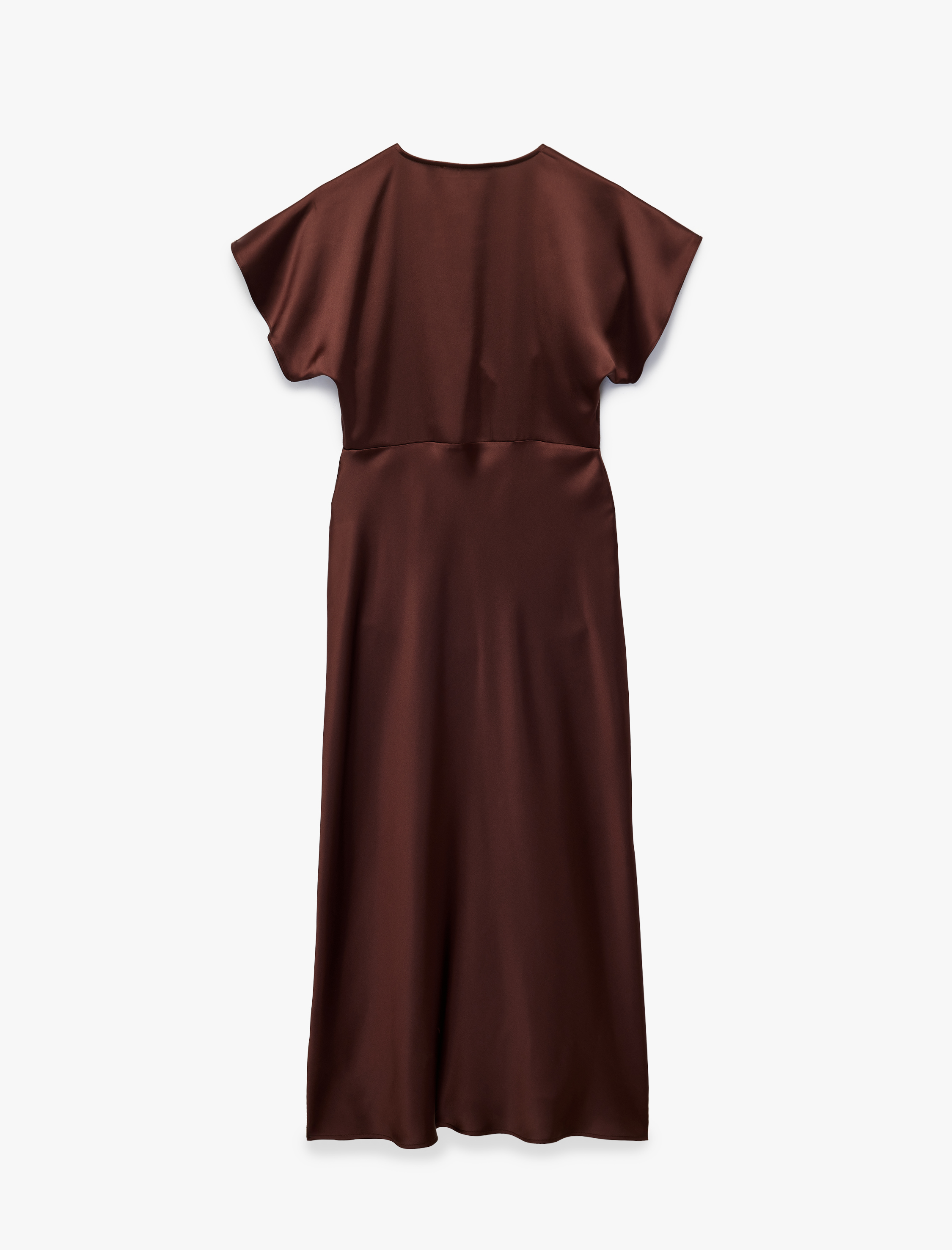   V Yaka Kısa Kollu Rahat Kalıp Midi Saten Abiye Elbise