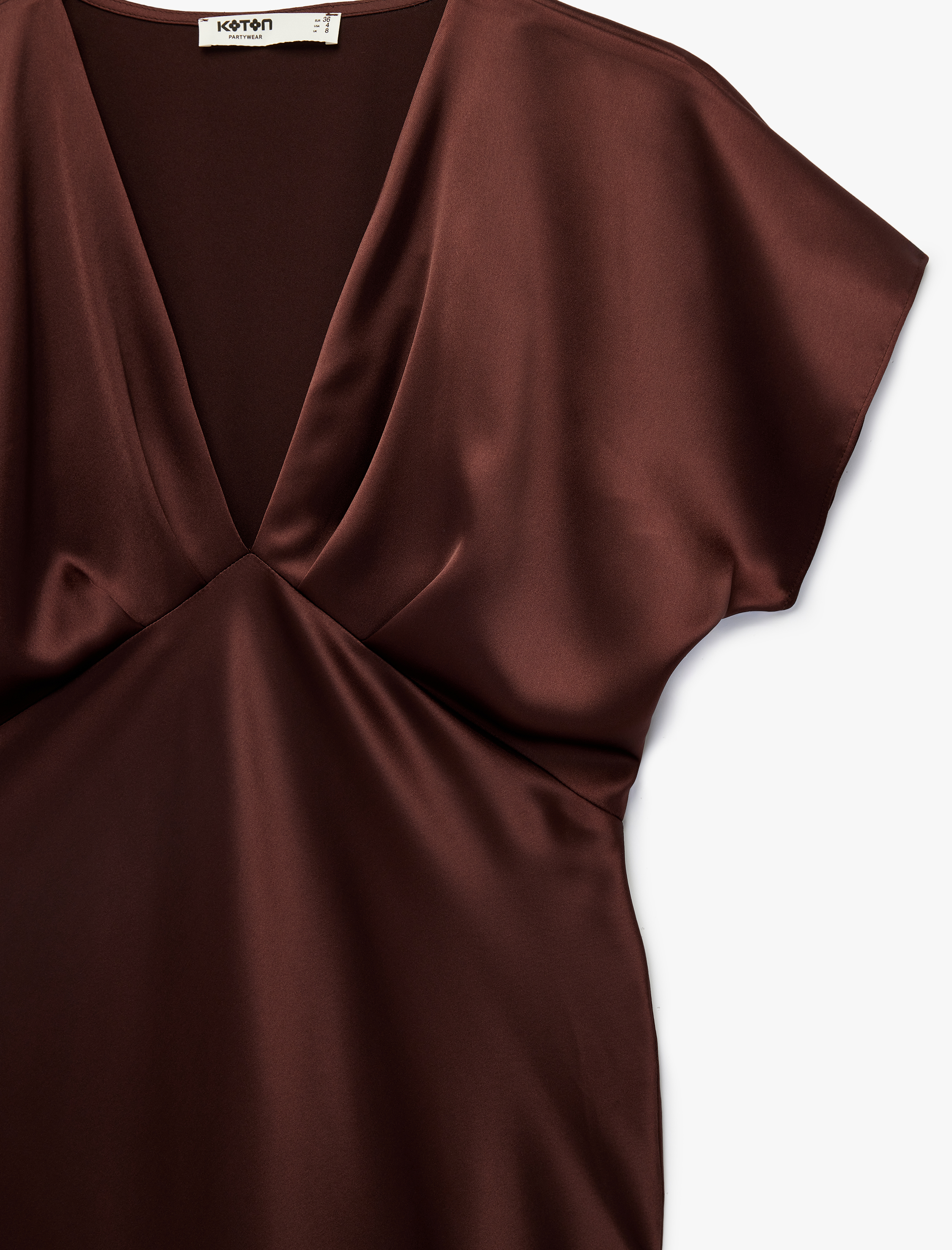   V Yaka Kısa Kollu Rahat Kalıp Midi Saten Abiye Elbise