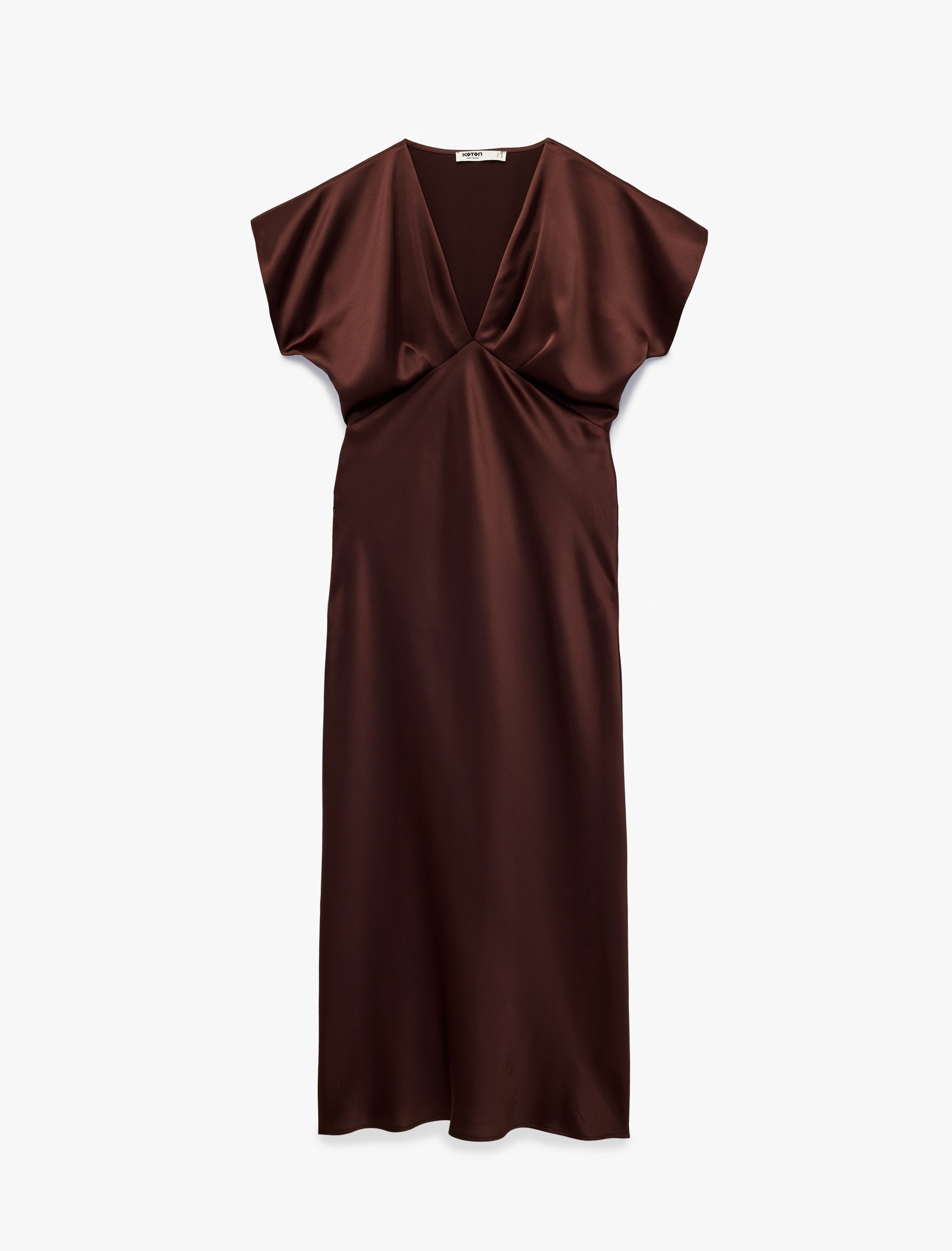   V Yaka Kısa Kollu Rahat Kalıp Midi Saten Abiye Elbise