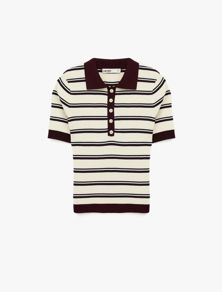  Regular Fit Kısa Kollu Düğmeli Polo Yaka Çizgili Triko Kazak