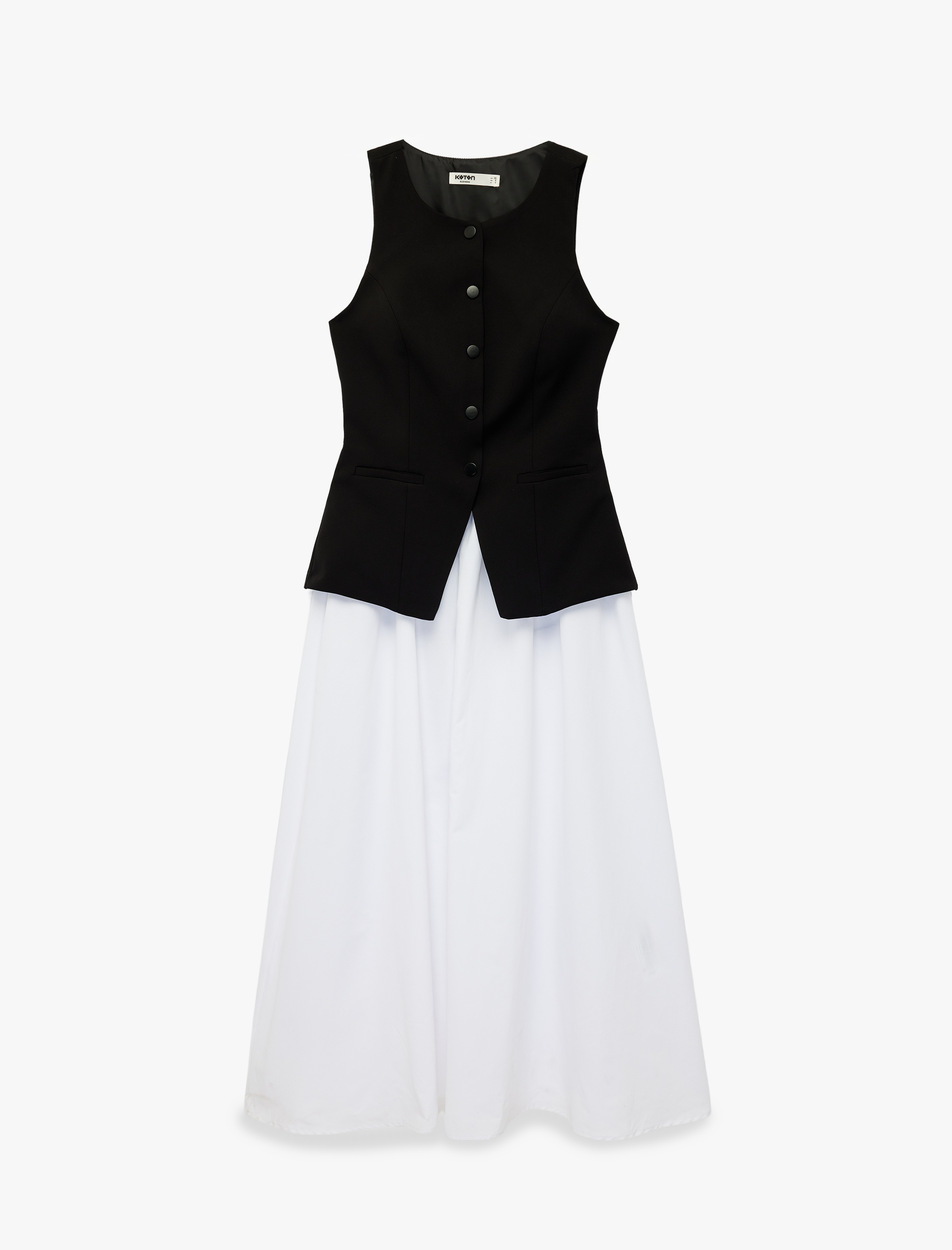   Bisiklet Yaka Düğmeli Yelek Detaylı Kolsuz A Kesim Uzun Elbise