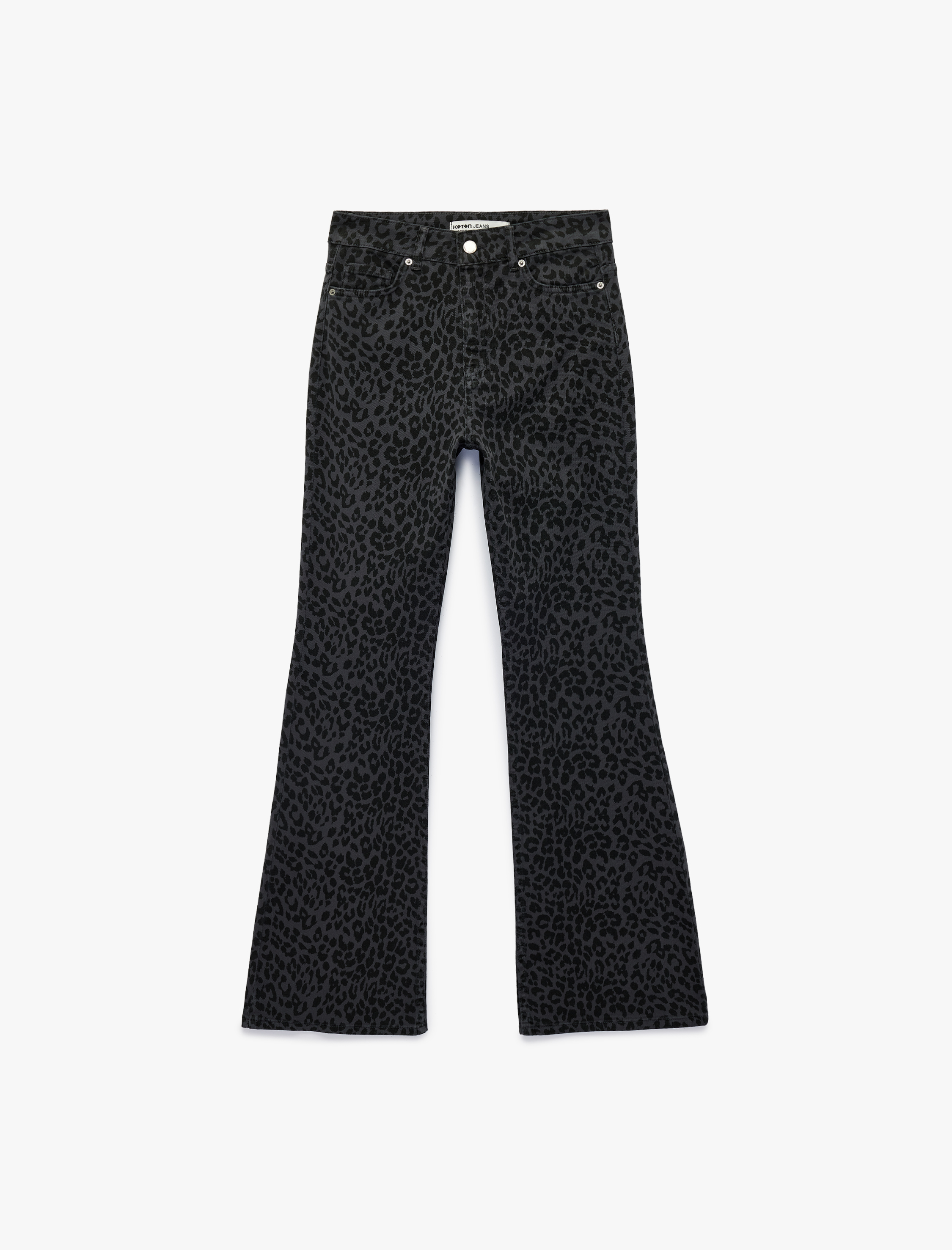   Cepli Yüksek Bel Leopar Desenli İspanyol Paça Jean Pantolon - Flare Jeans