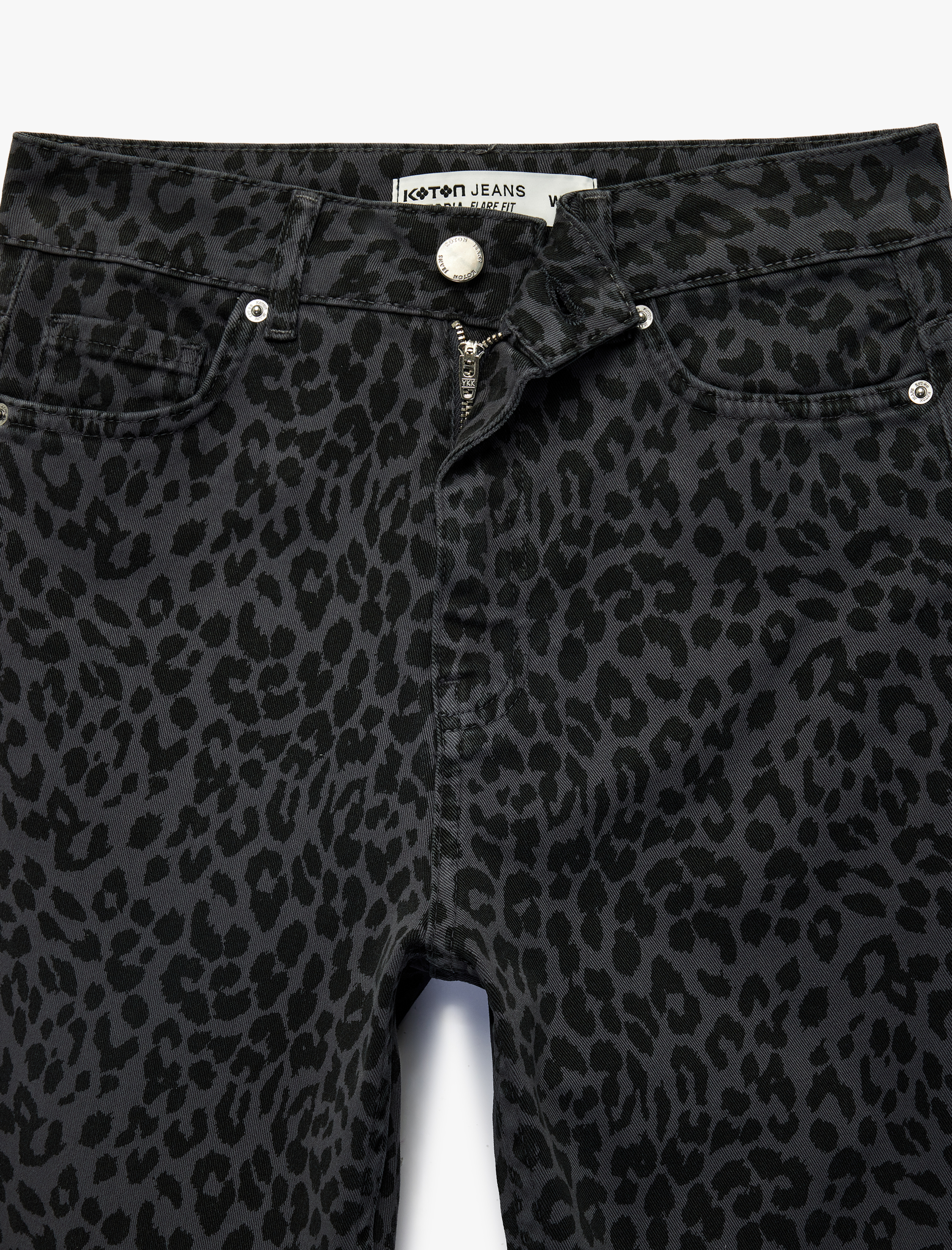   Cepli Yüksek Bel Leopar Desenli İspanyol Paça Jean Pantolon - Flare Jeans