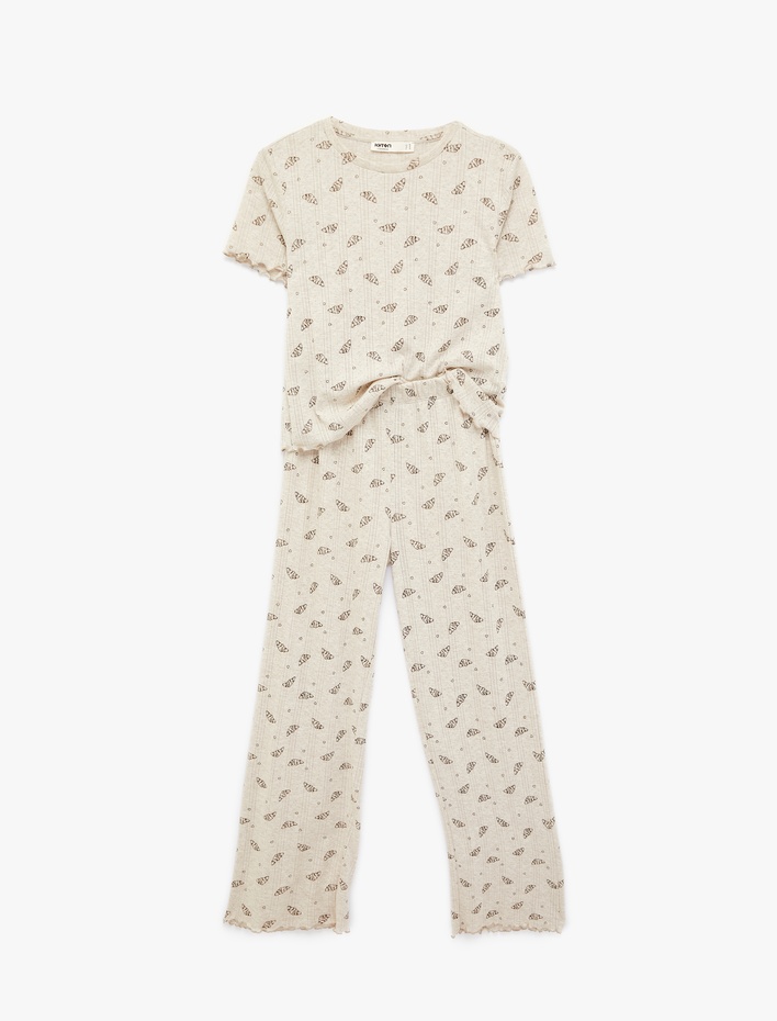 Rahat Kalıp Kısa Kollu Bisiklet Yaka Desenli Pijama Takımı